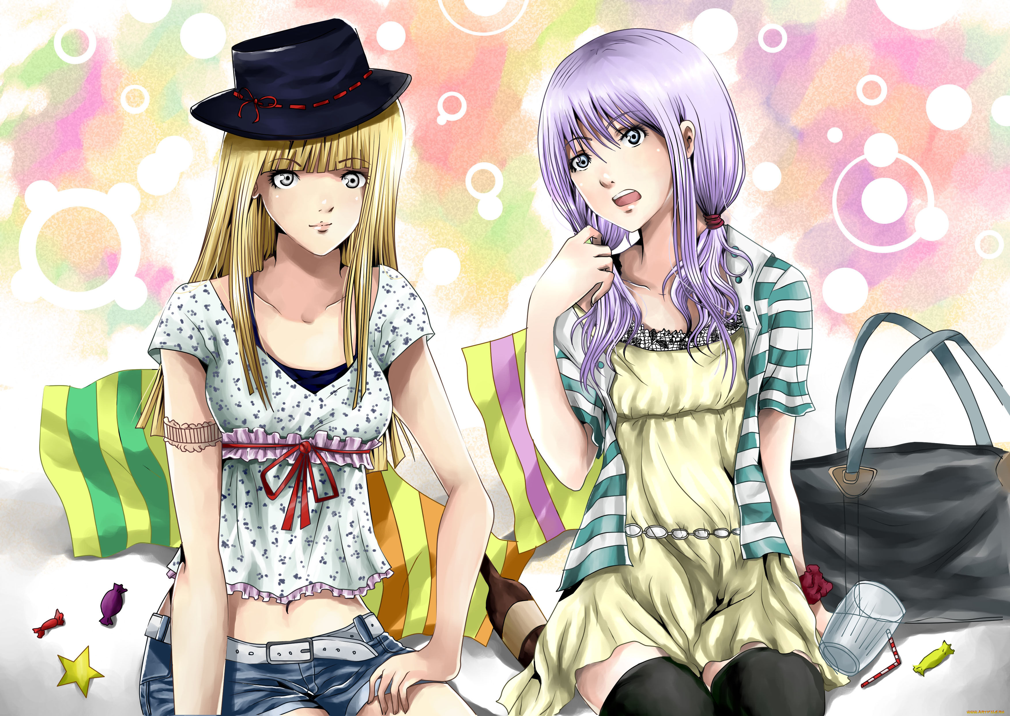 аниме, unknown, , другое, девушки, шляпа, конфеты, сумка