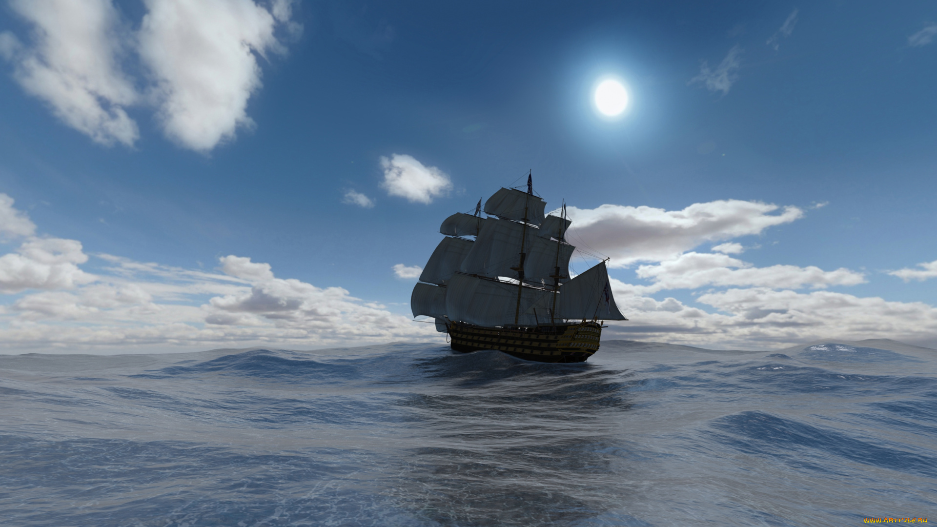 3д, графика, море, , sea, облака, парусник, море