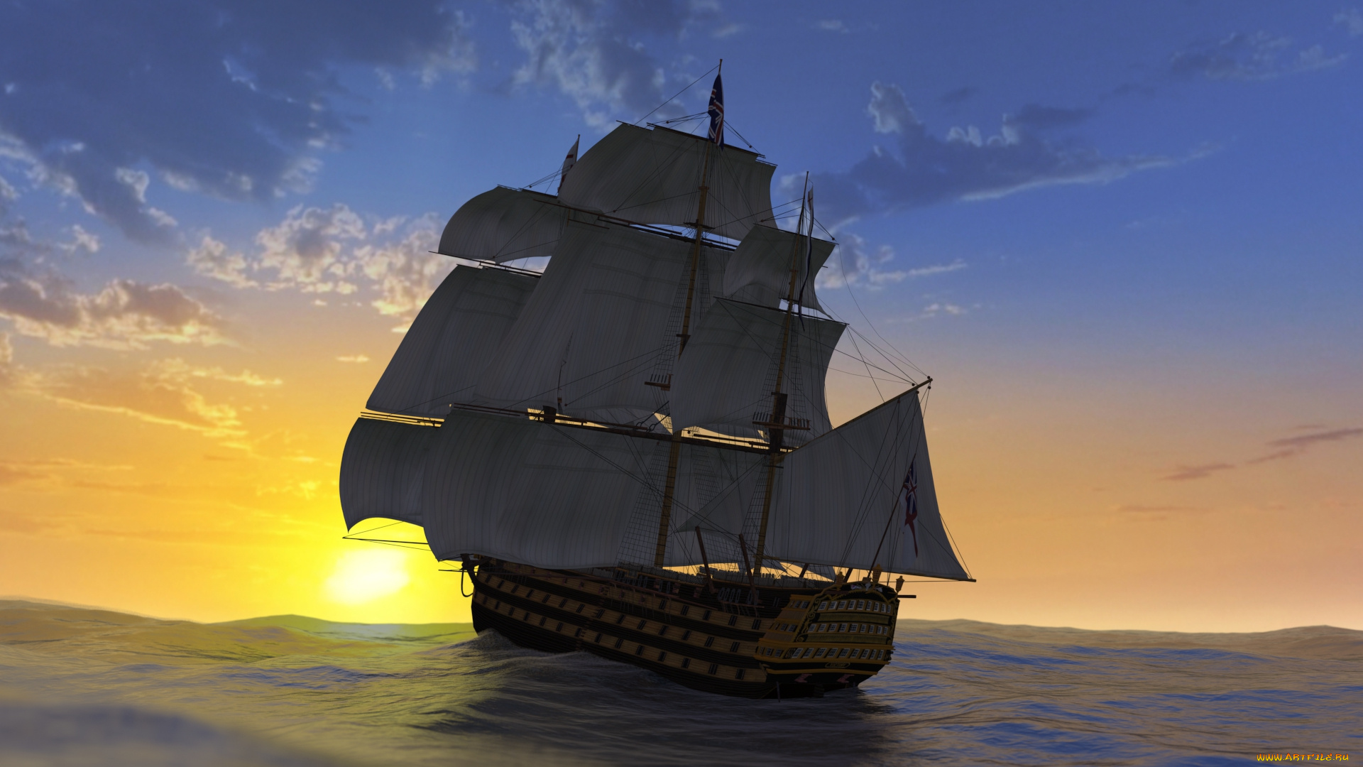 3д, графика, море, , sea, парусник, облака, море