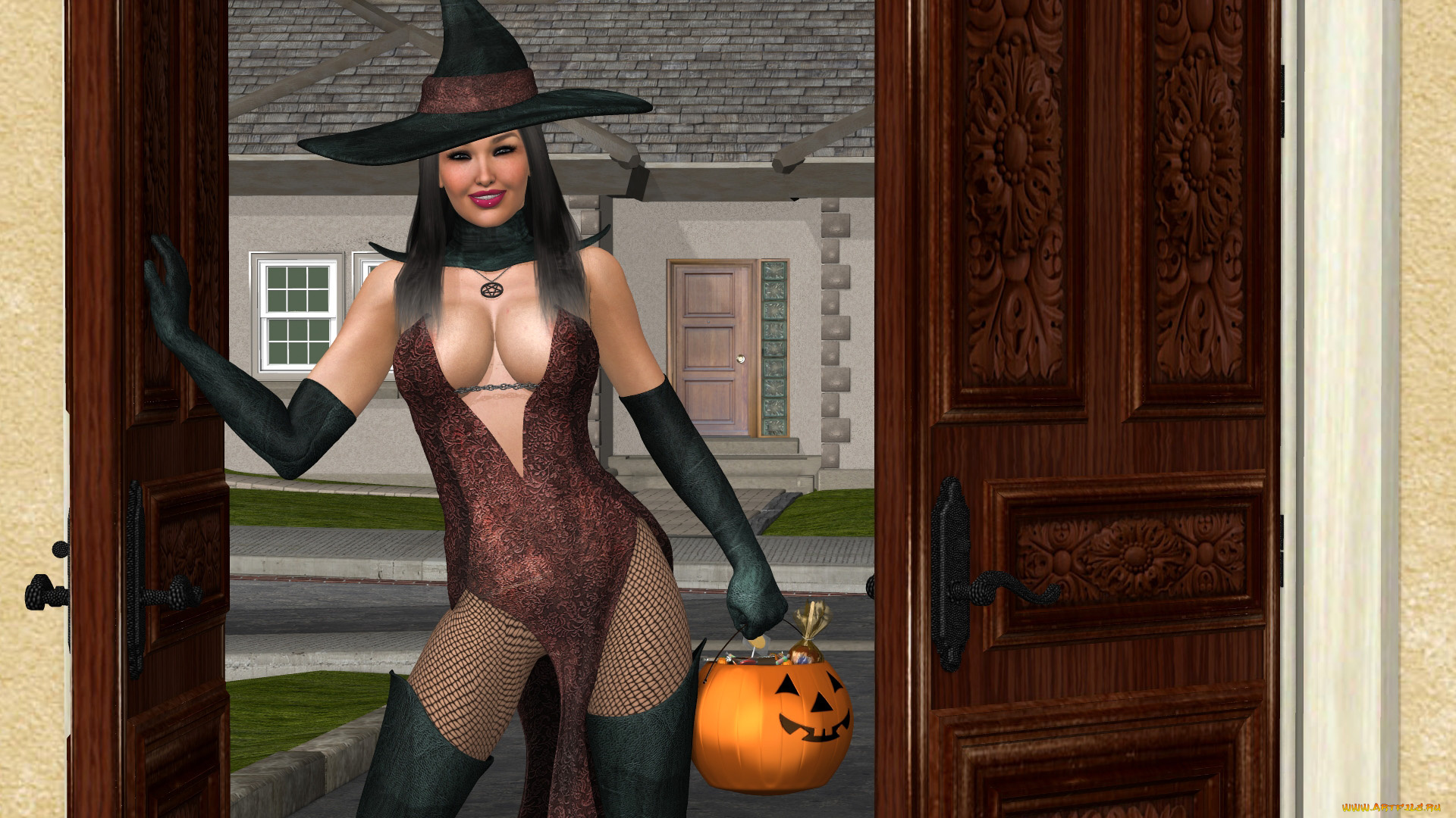 3д, графика, праздники, , holidays, взгляд, тыква, улыбка, фон, девушка