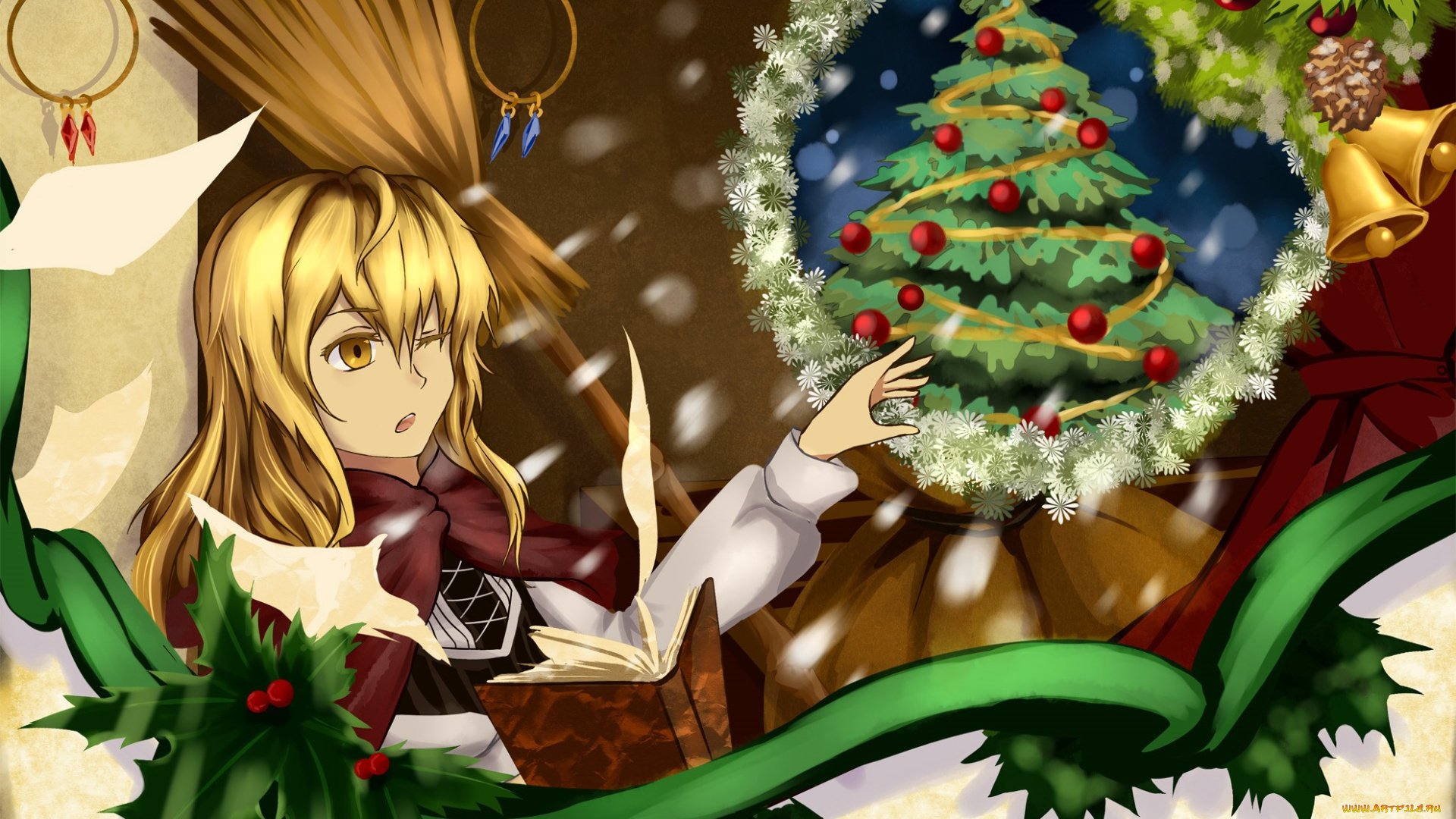 аниме, touhou, девушка, арт, елка, kirisame, marisa, tagme, artist, рождество