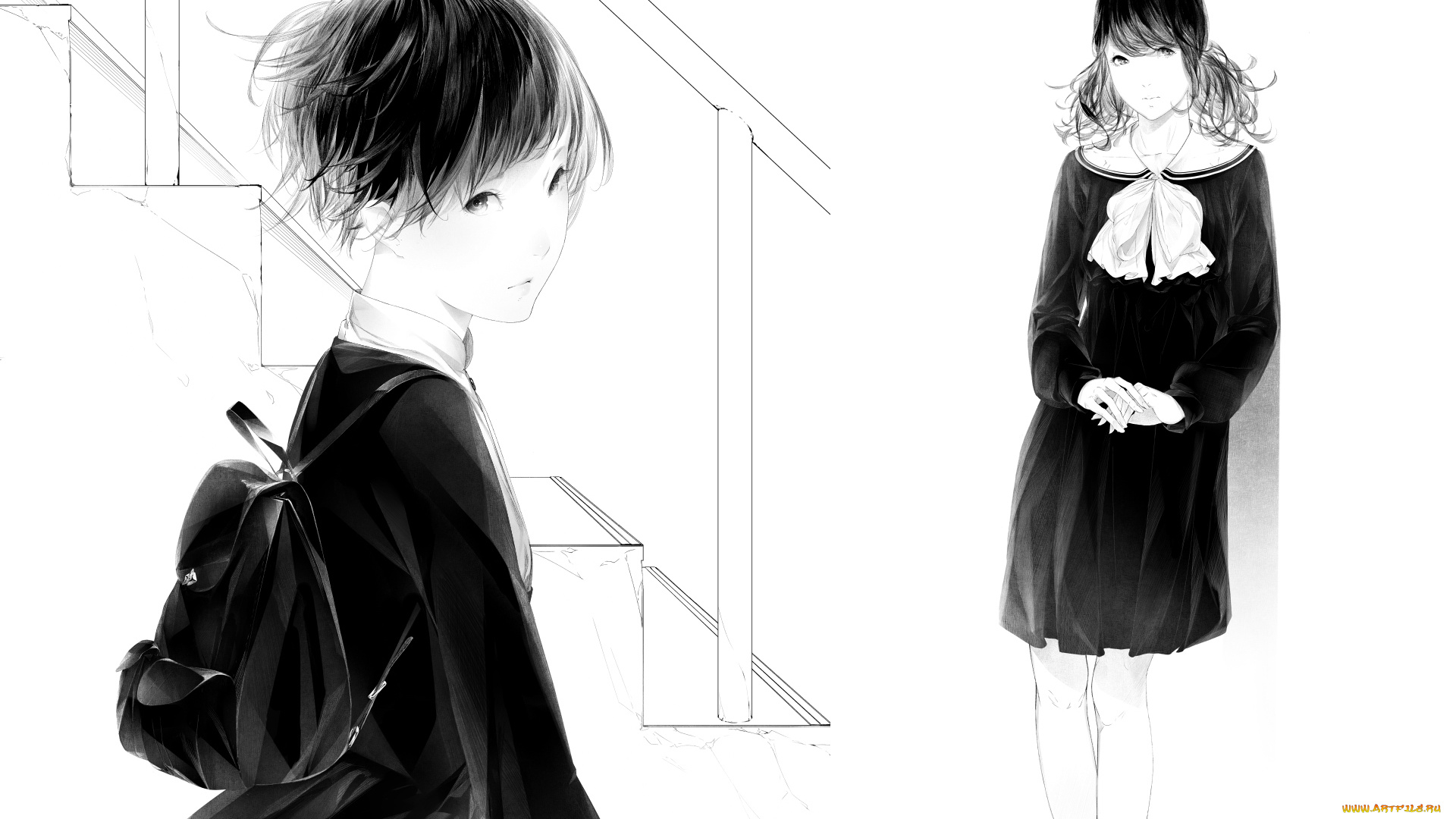 аниме, unknown, , другое, школьницы, девушки, рюкзак, sawasawa, арт, бант, форма, лестница