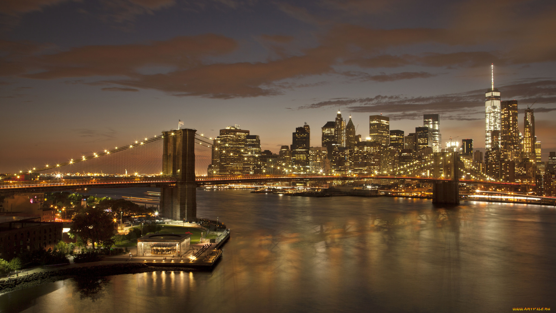 brooklyn, bridge, города, нью-йорк, , сша, огни, мост, ночь