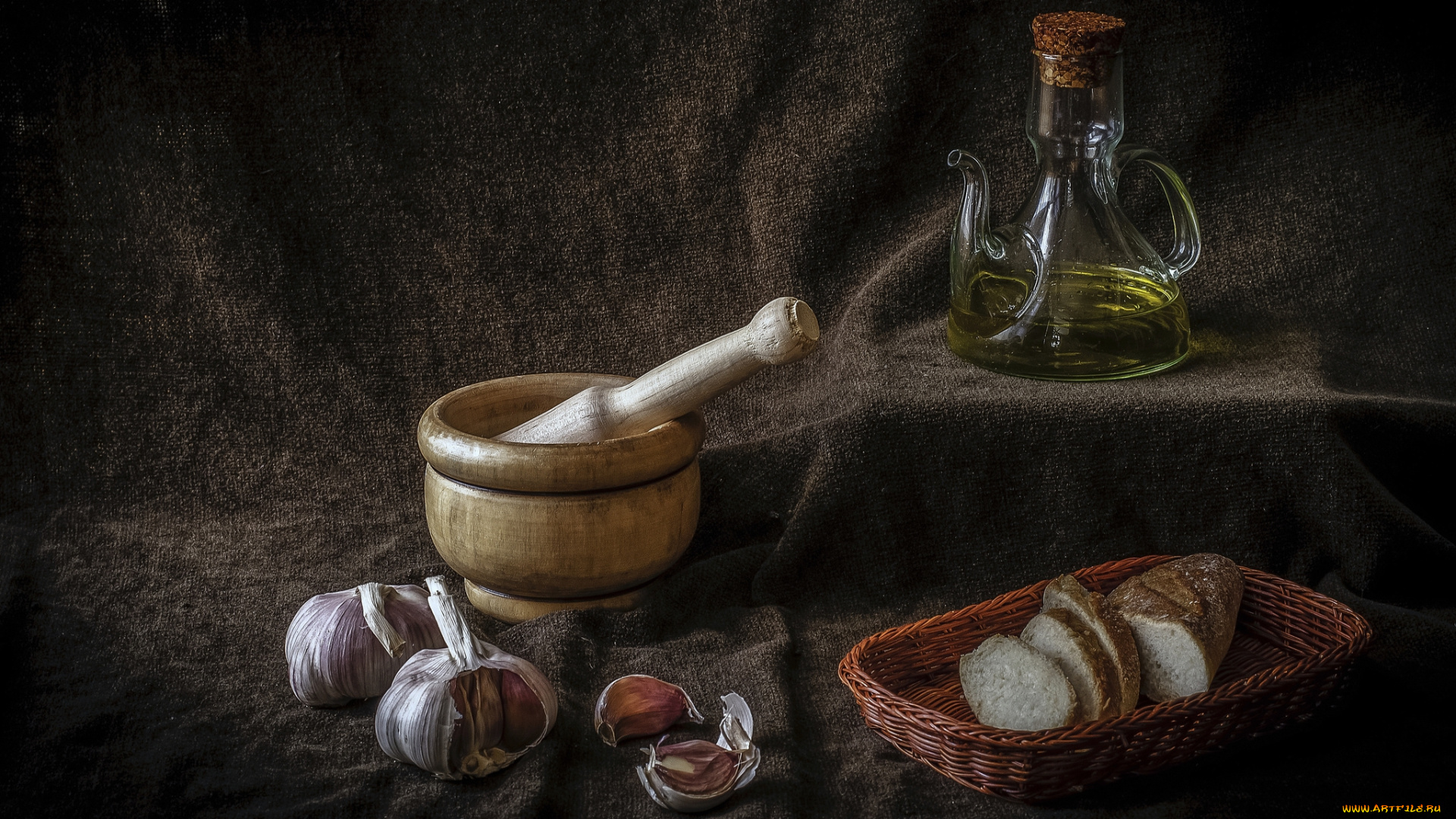 еда, натюрморт, масло, ступка, чеснок, хлеб