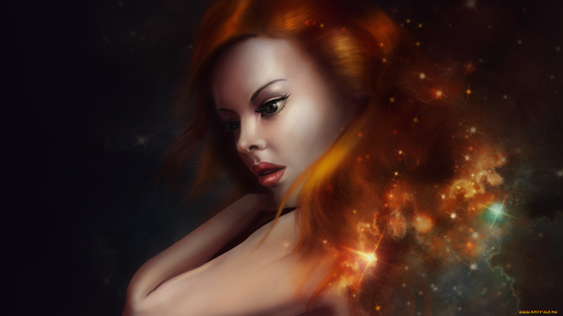 фэнтези, девушки, вселенная, волосы, рыжая, взгляд, арт, звезды, лицо, девушка