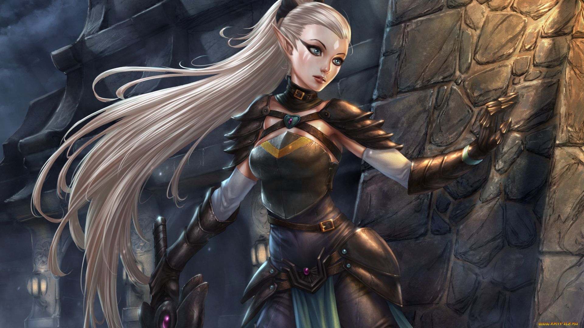 фэнтези, эльфы, ночь, стена, меч, девушка, эльф