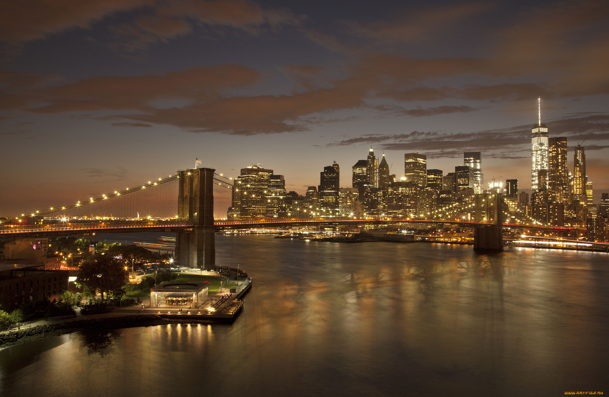 brooklyn, bridge, города, нью-йорк, , сша, огни, мост, ночь