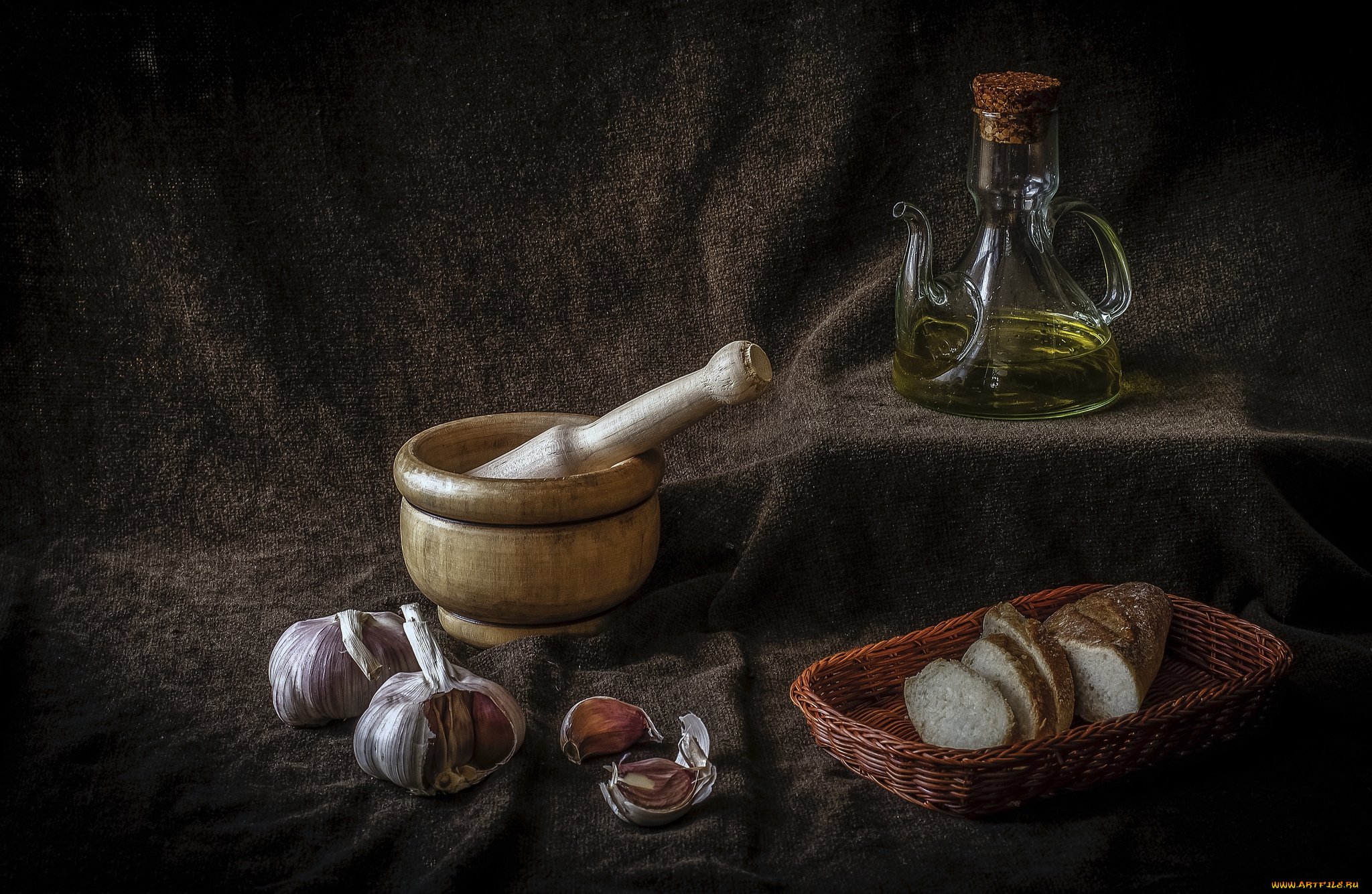 еда, натюрморт, масло, ступка, чеснок, хлеб