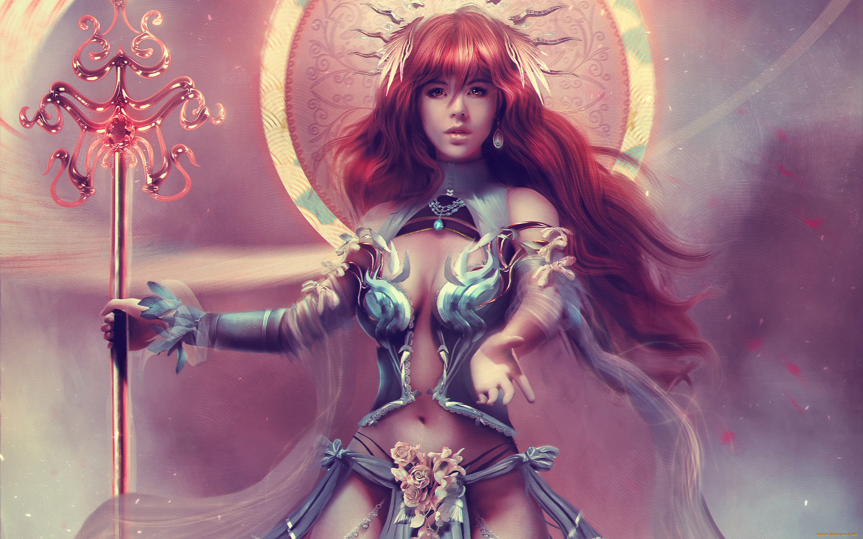 фэнтези, девушки, украшения, посох, рыжая, девушка