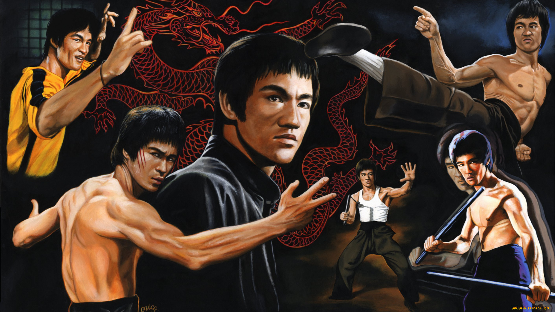 bruce, lee, рисованное, люди, взгляд, фон, мужчина, кунг-фу