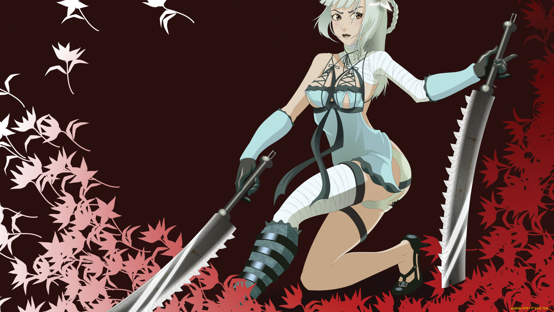 рисованное, комиксы, девушка, меч, взгляд, фон