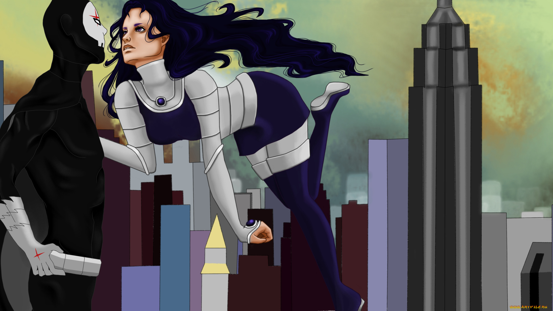 рисованное, комиксы, город, фон, мужчина, девушка, униформа