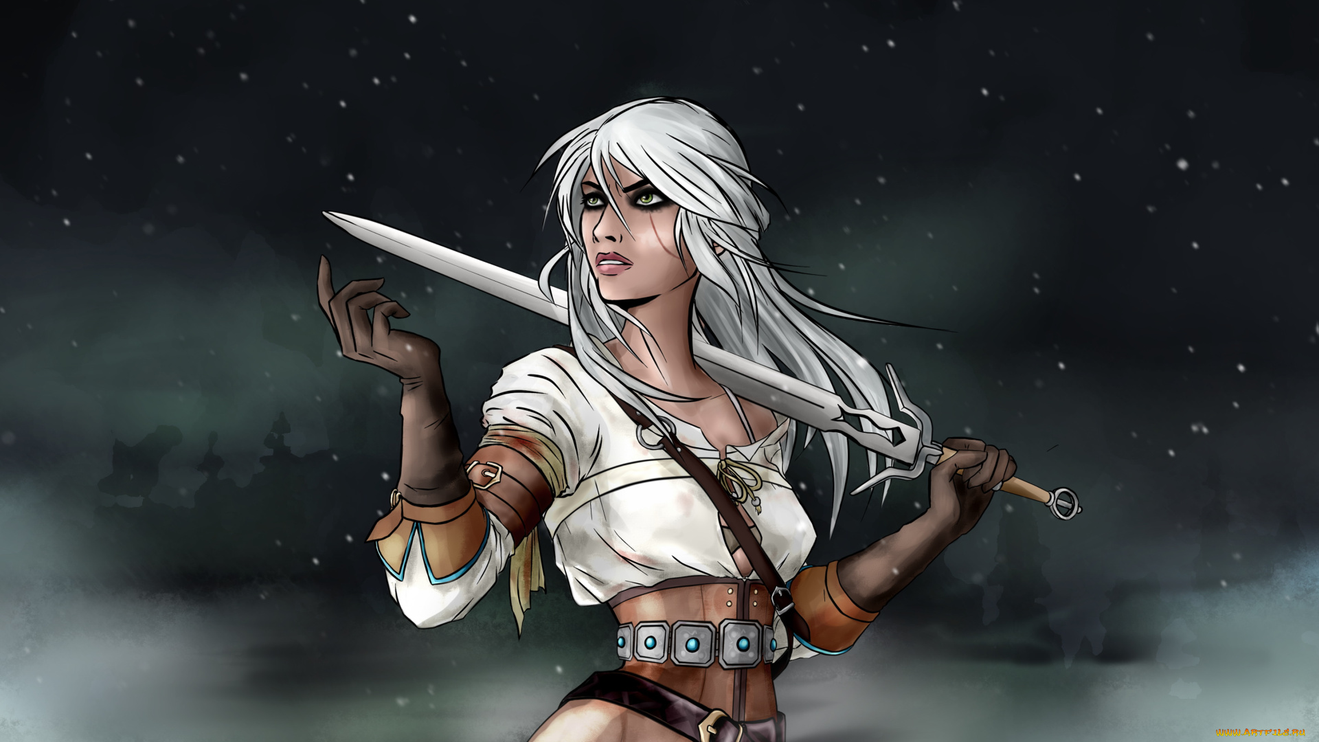 рисованное, люди, меч, фон, девушка