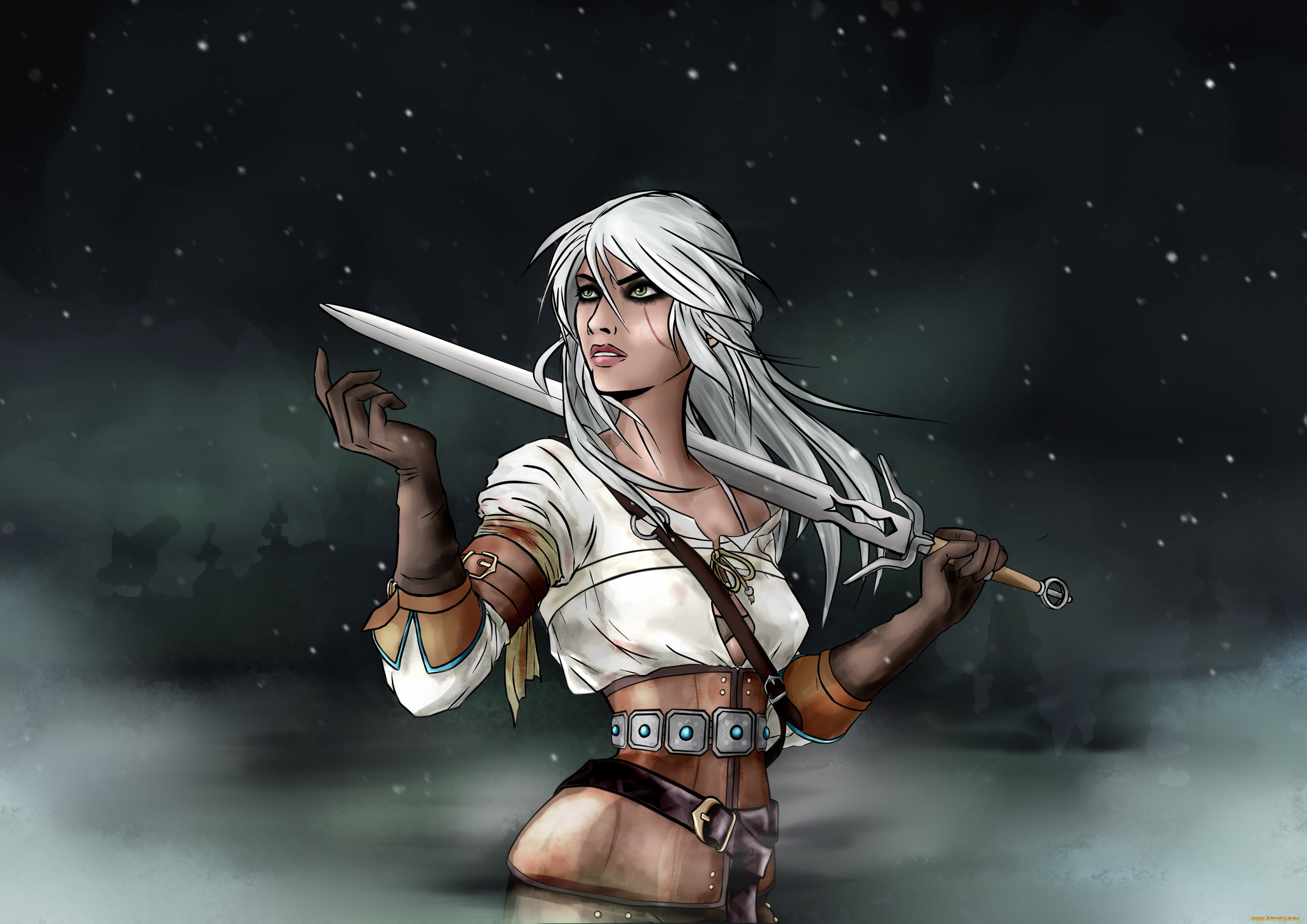 рисованное, люди, меч, фон, девушка