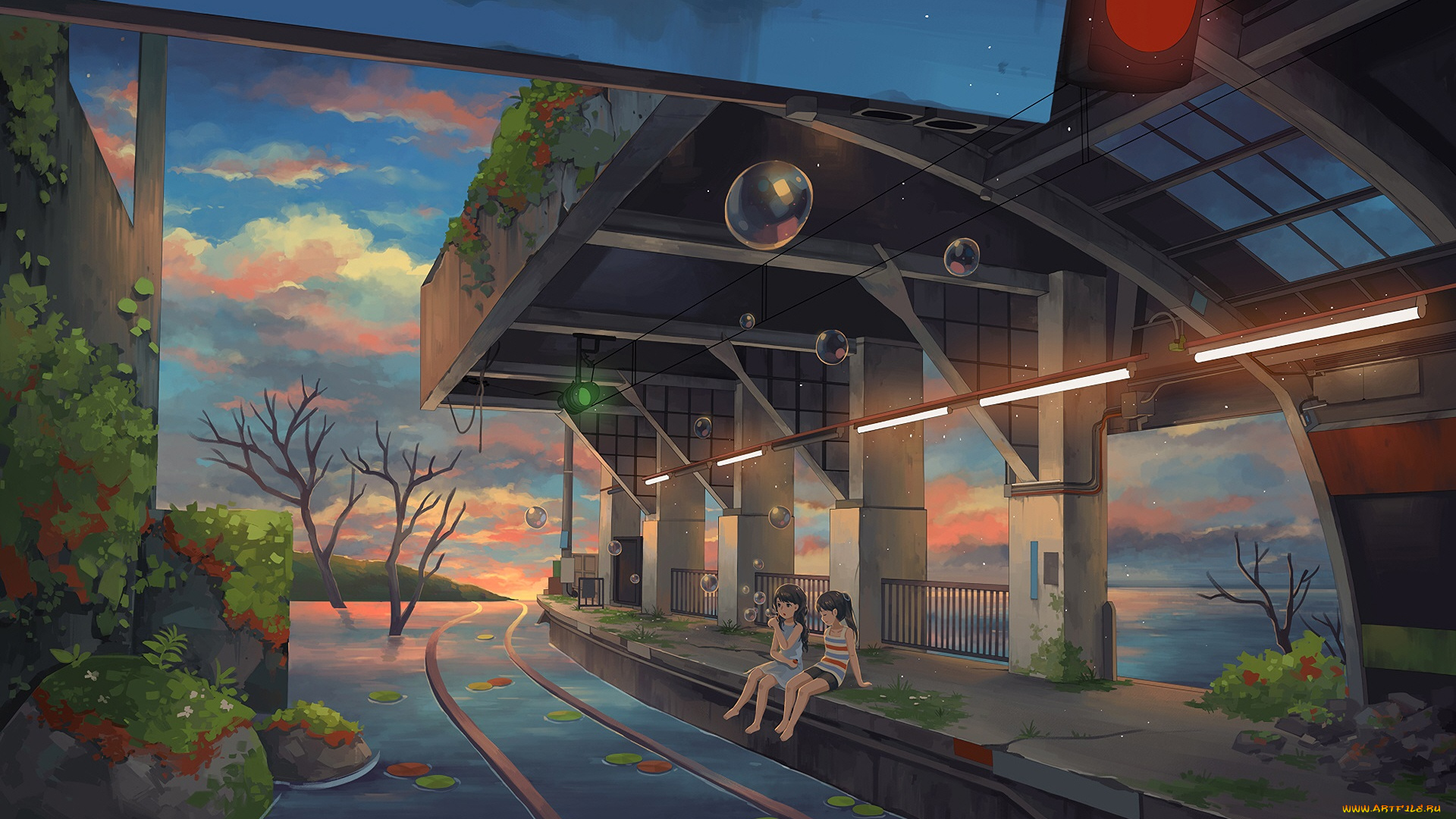 аниме, город, , улицы, , интерьер, , здания, девочки