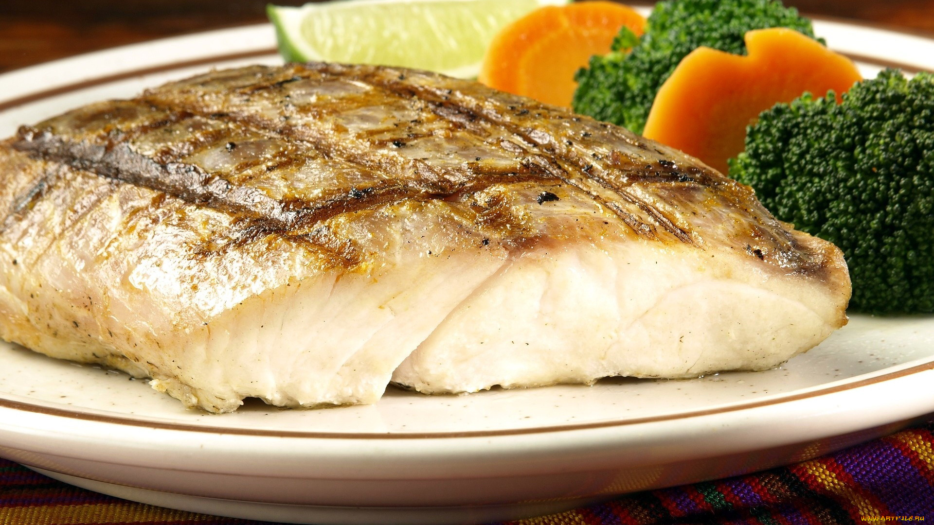 еда, рыбные, блюда, , с, морепродуктами, брокколи, морковь, лайм, рыба