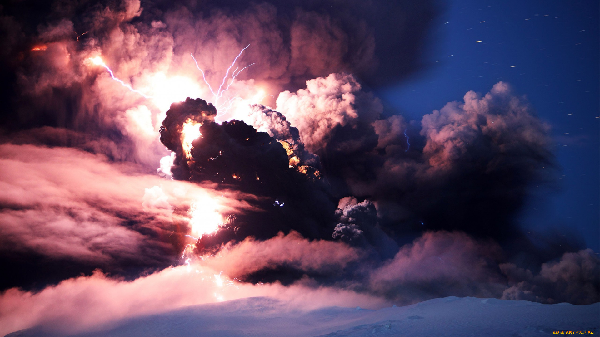 природа, стихия, кратер, пепел, зарево, клубы, небо, огонь, лава, извержение, вулкан, тучи, молния, дым