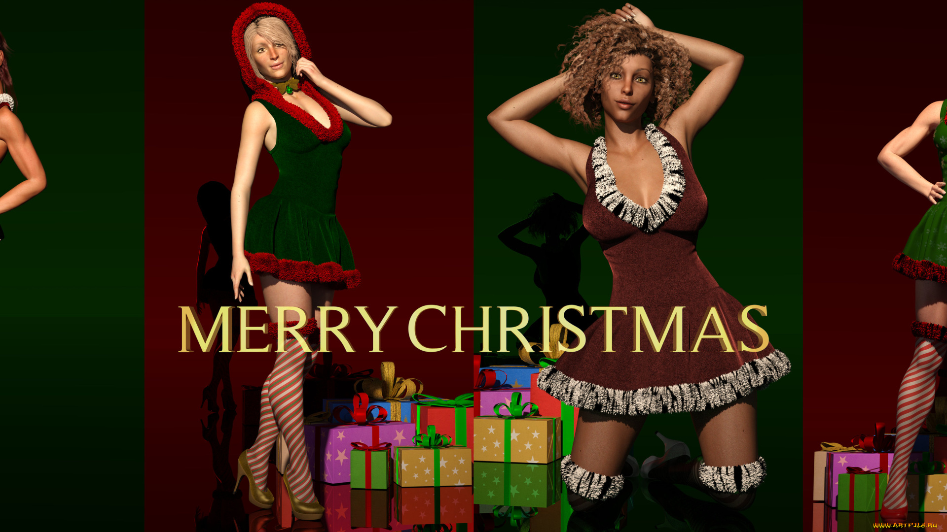 3д, графика, праздники, , holidays, взгляд, девушки, фон, снегурочки