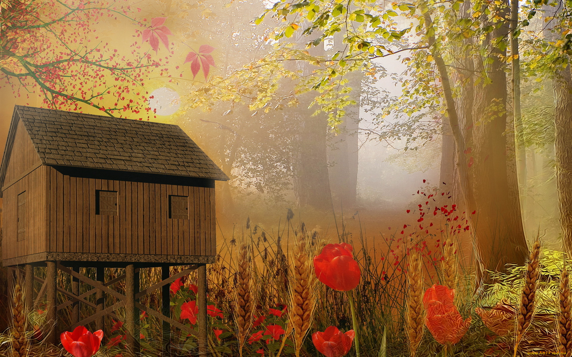 3д, графика, архитектура, , architecture, дом, деревья, цветы, колосья