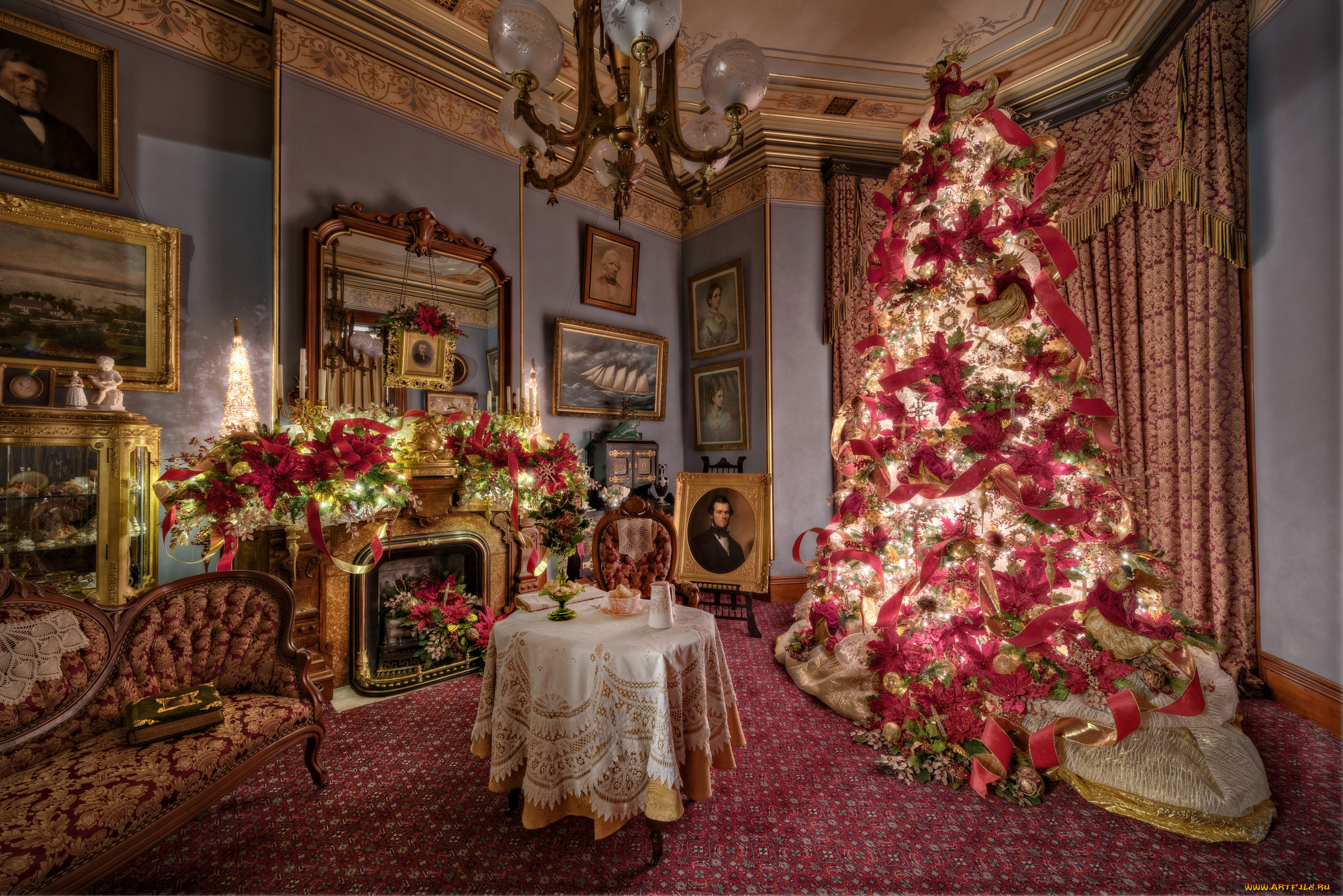 праздничные, Ёлки, stol, yolka, novogodnyaya, komnata