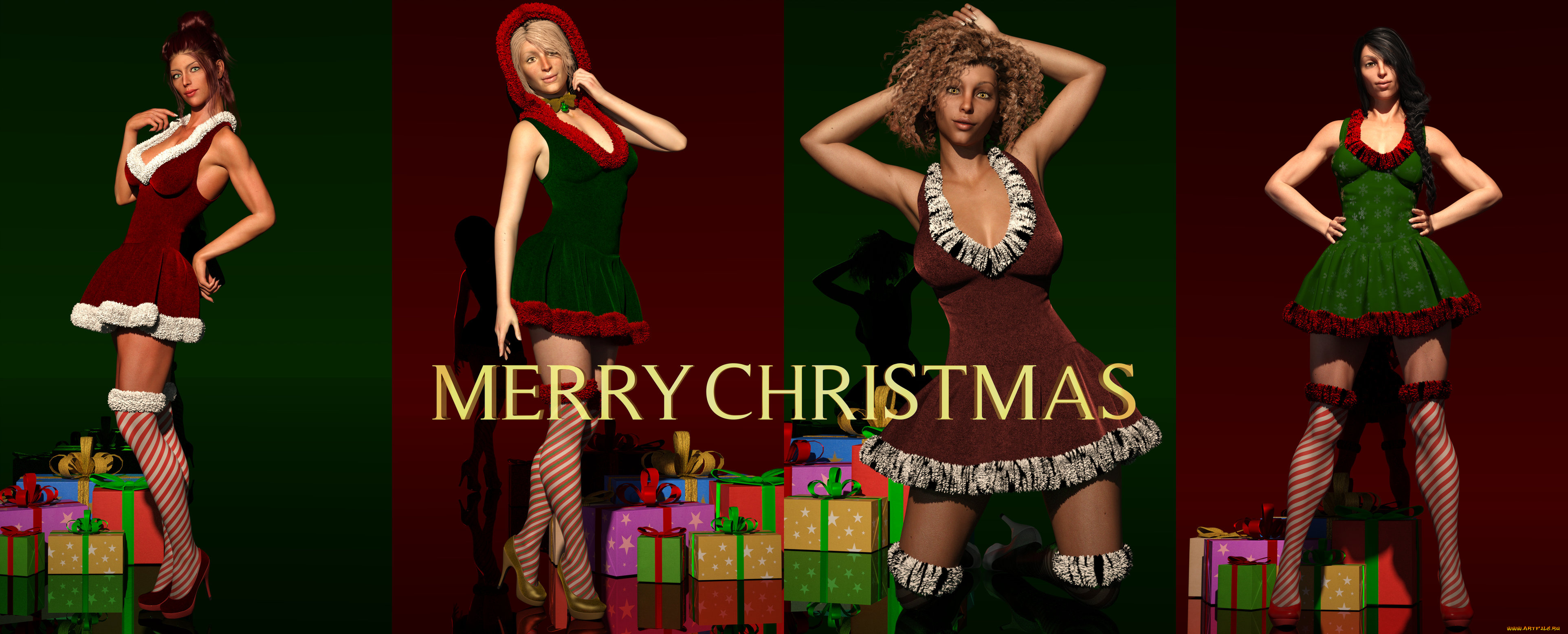 3д, графика, праздники, , holidays, взгляд, девушки, фон, снегурочки