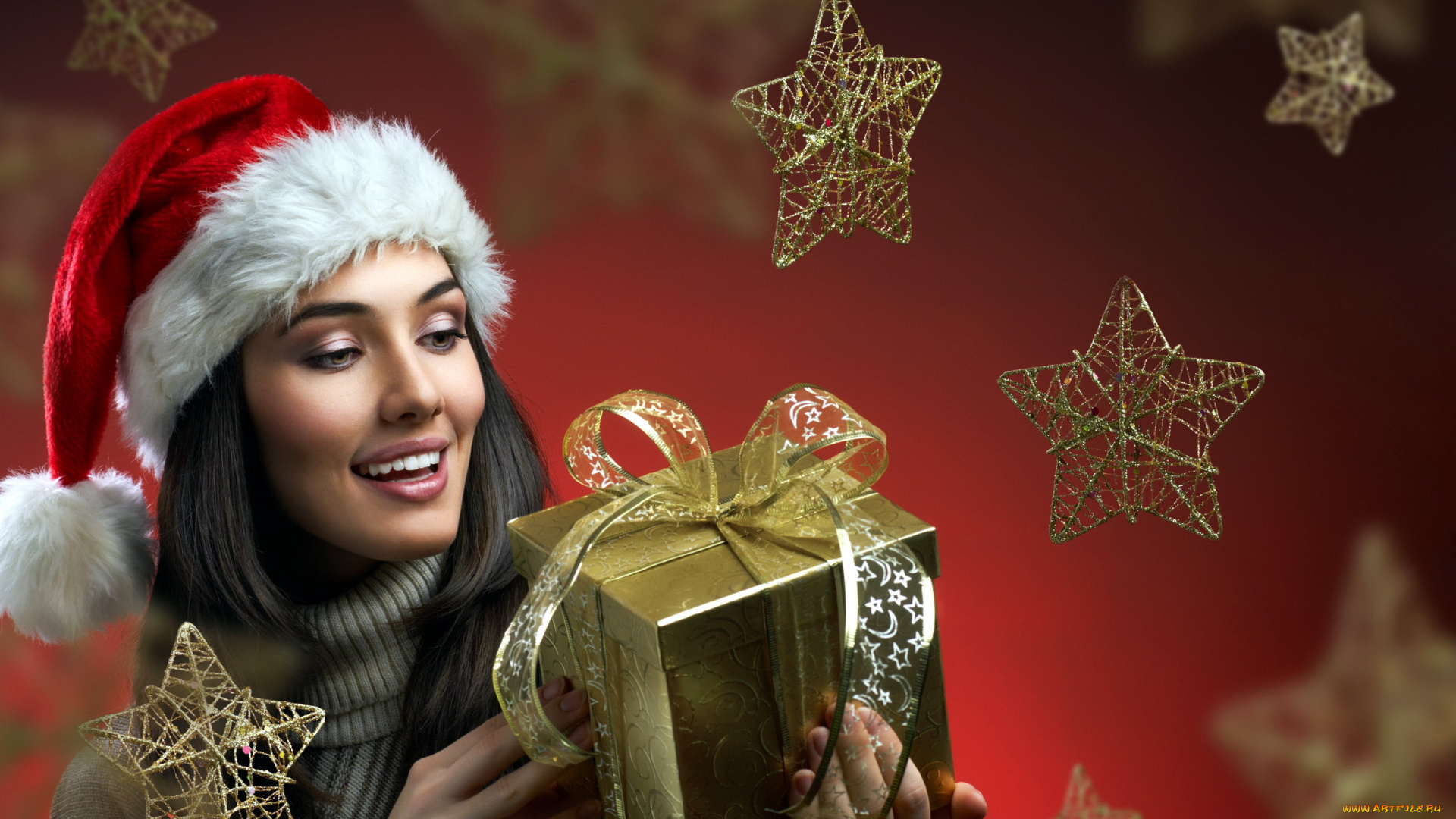 девушки, -, снегурочки, колпак, подарок