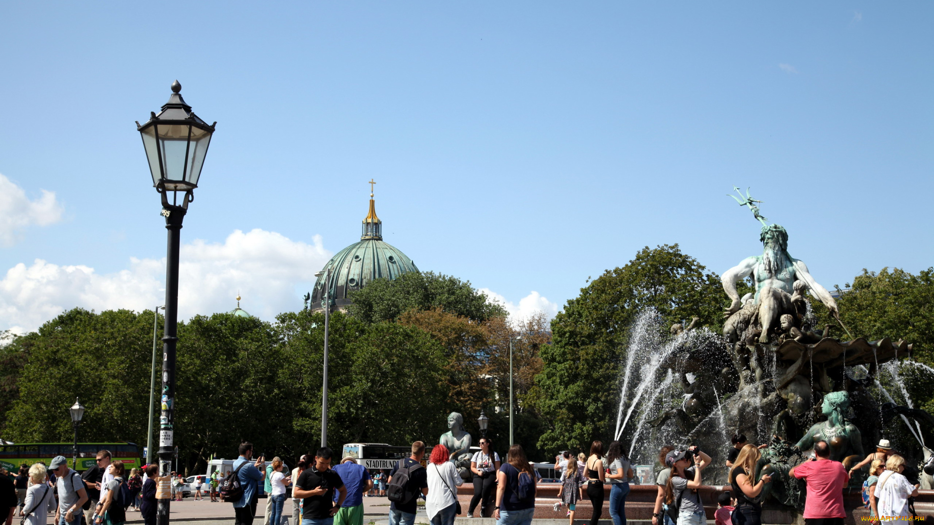 города, берлин, , германия, фонарь, фонтан, туристы