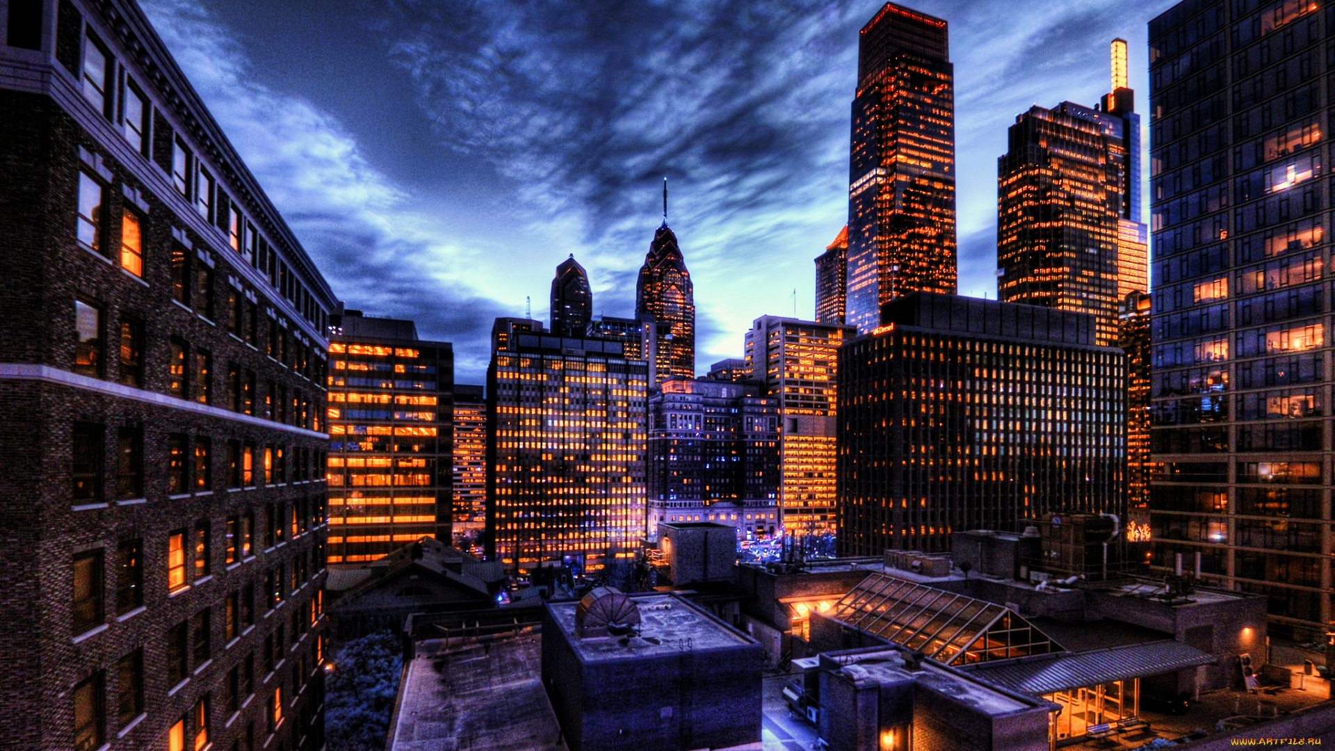 города, филадельфия, , сша, панорама, вечер, огни