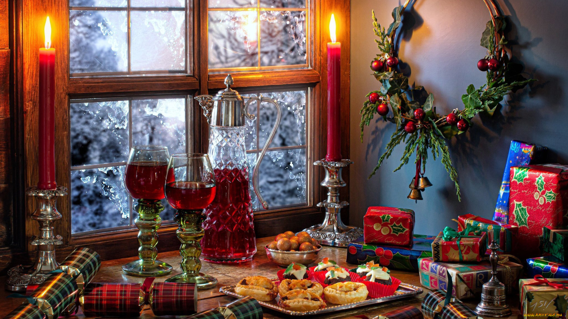 праздничные, -, разное, , новый, год, подарки, венок, хлопушки, вино