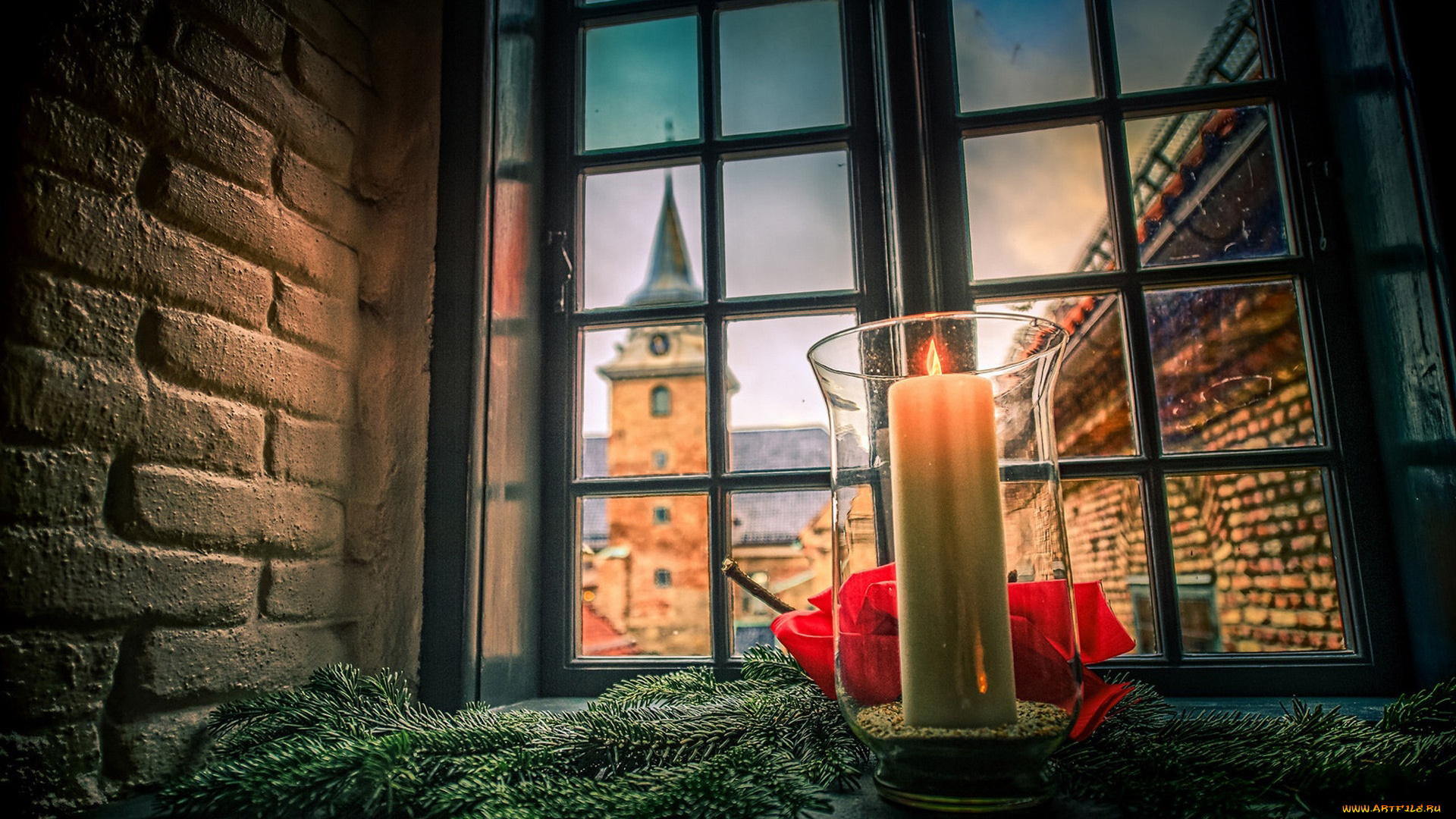 праздничные, новогодние, свечи, окно, еловые, ветки, свеча