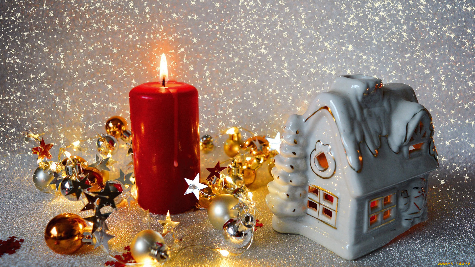 праздничные, новогодние, свечи, шарики, свеча, домик
