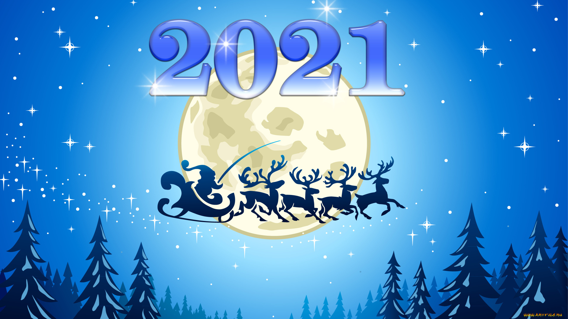 праздничные, векторная, графика, , новый, год, год, луна, олени, санта, клаус, лес, небо