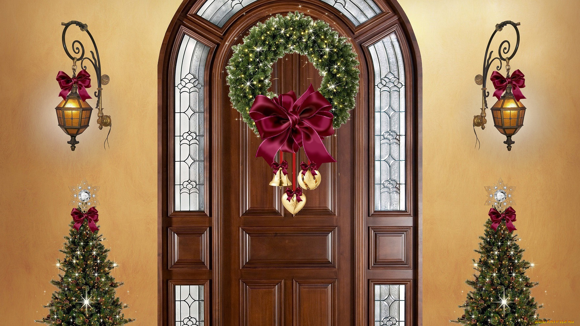 праздничные, ёлки, фонари, елки, венок