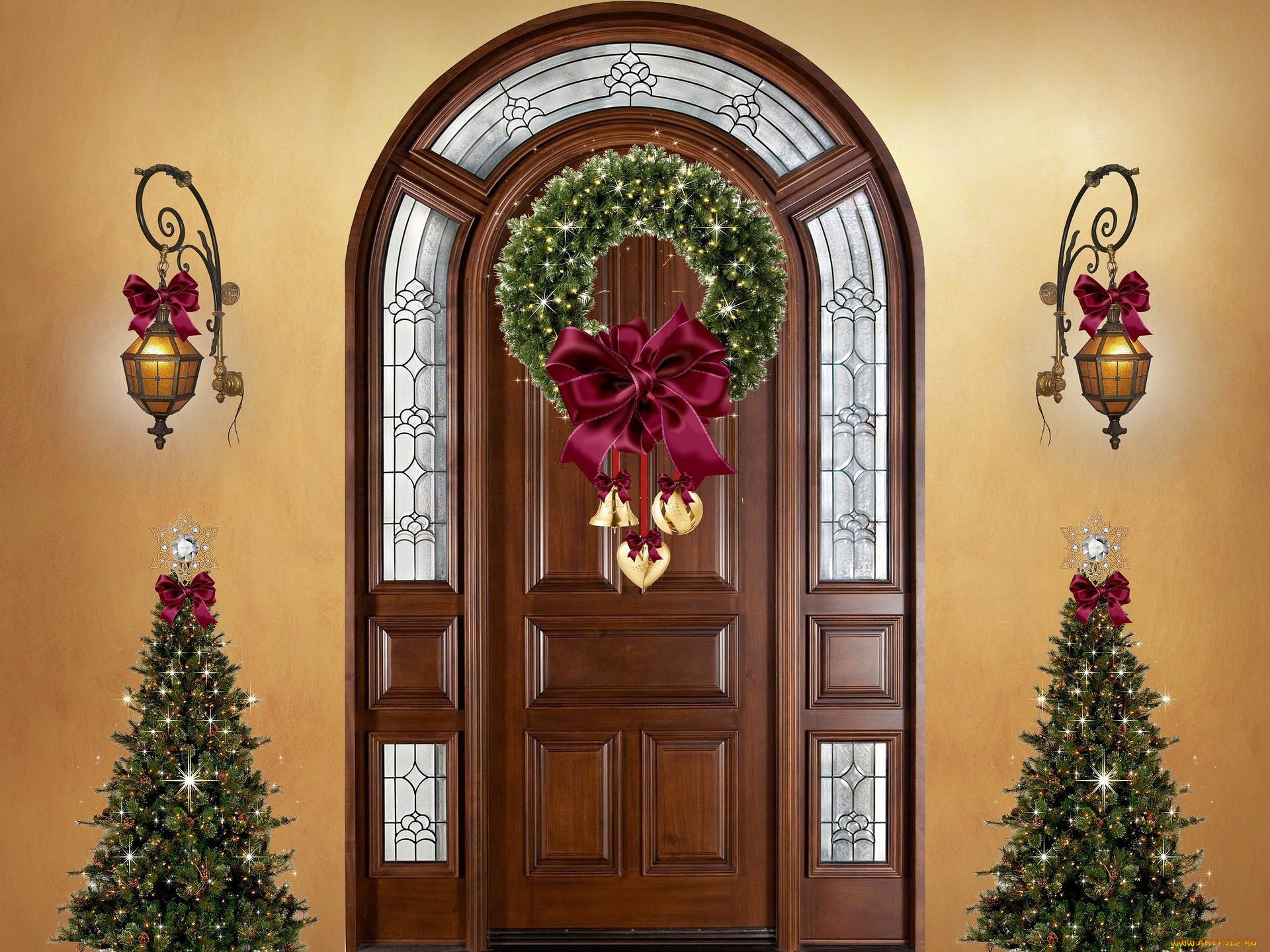 праздничные, ёлки, фонари, елки, венок