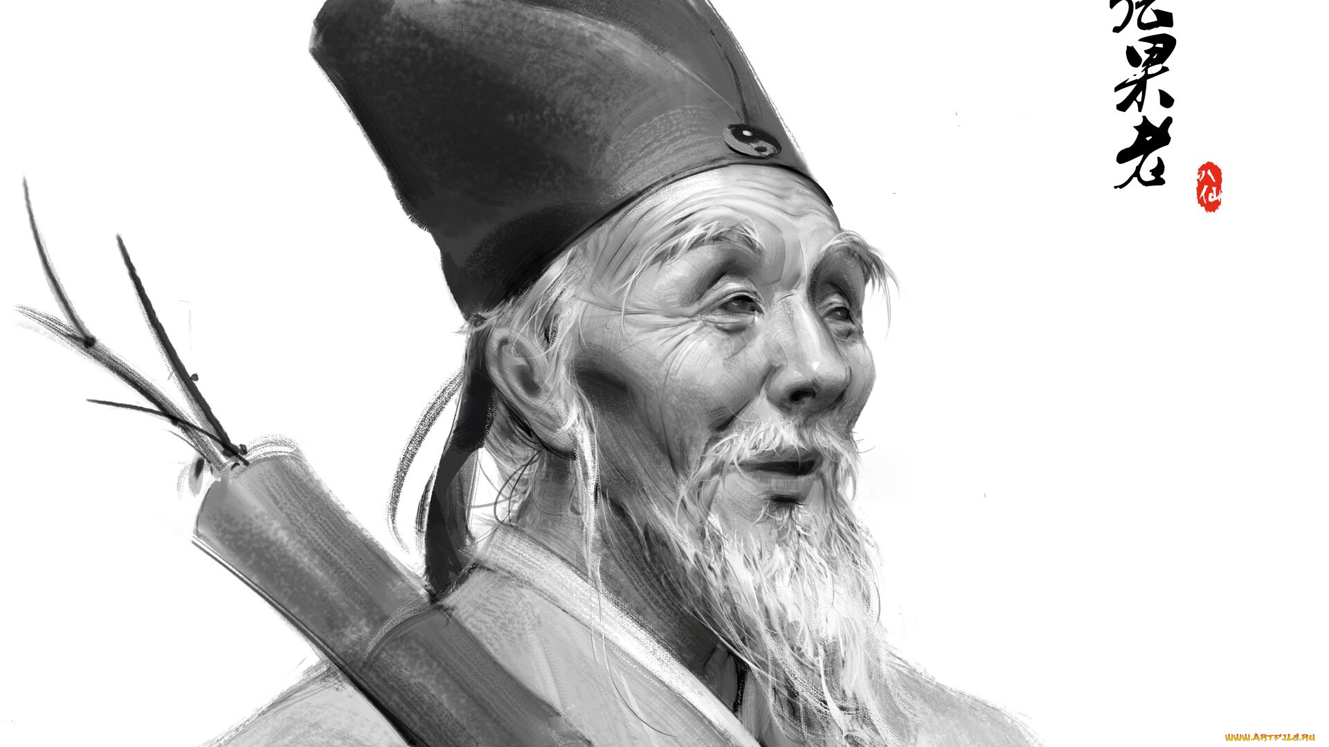 рисованное, люди, старик, бамбук, шапка, бессмертный