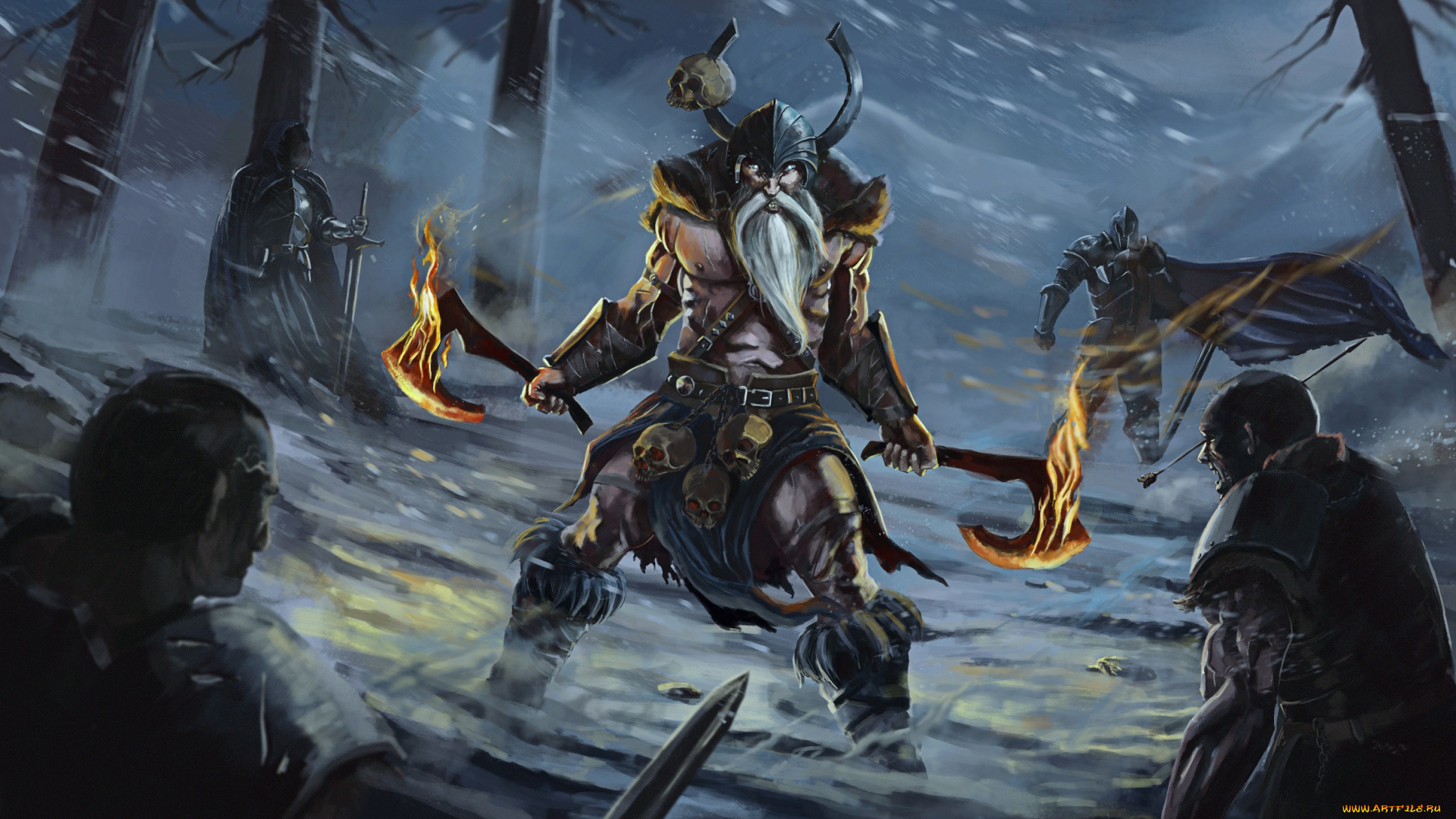 фэнтези, люди, викинг, огненые, топоры
