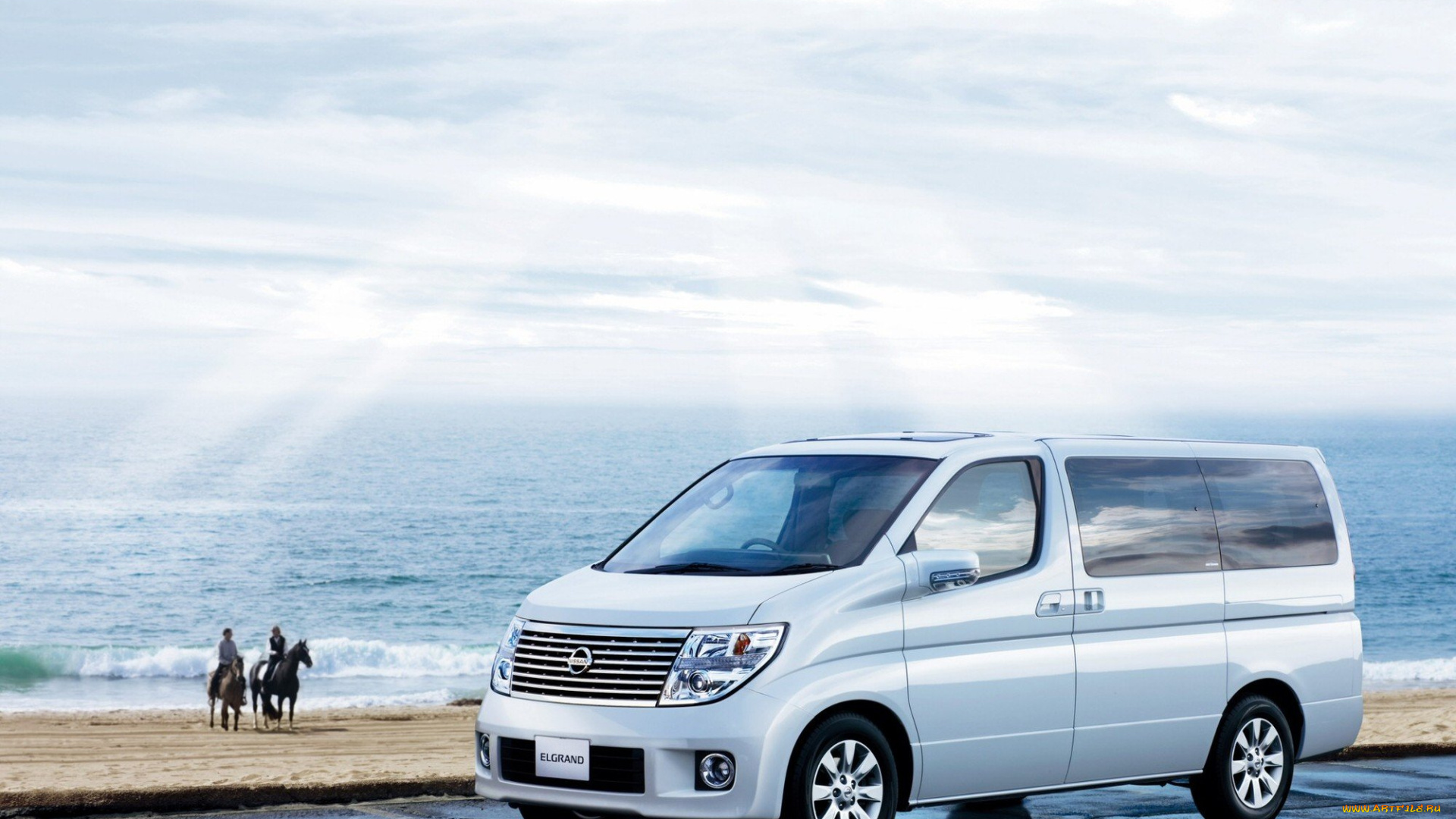 nissan, caravan, elgrand, автомобили, nissan, datsun, микроавтобус, белый, всадники, море