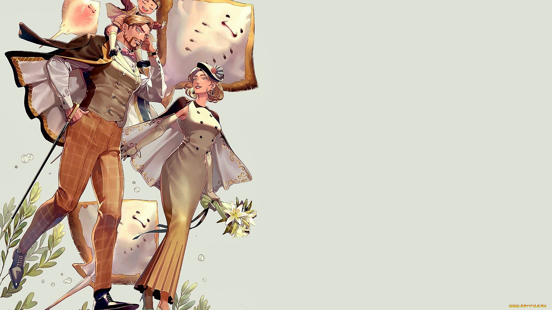 аниме, животные, , существа, женщина, мужчина, ребенок, семья, цветы, скаты