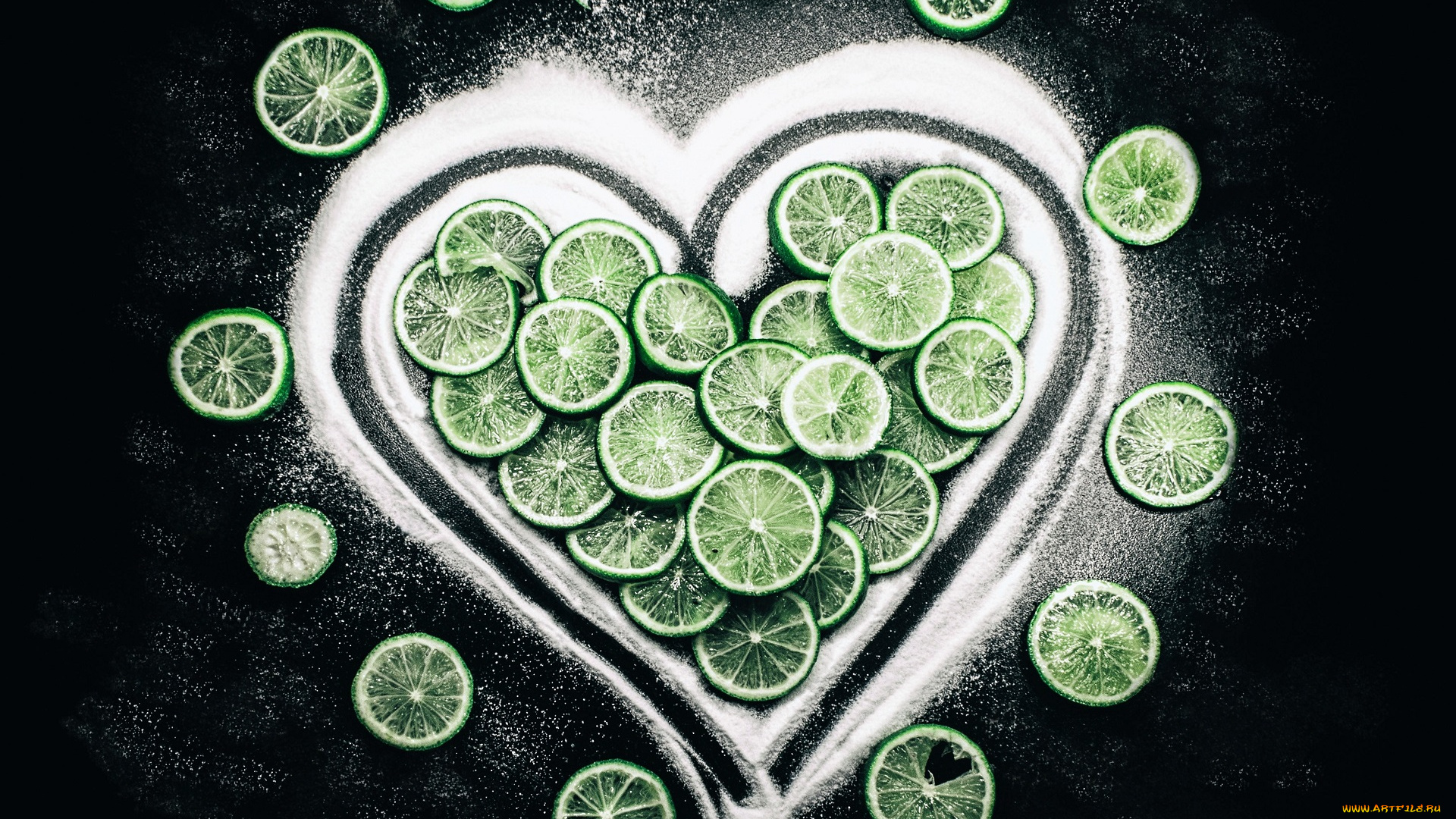 еда, цитрусы, лайм, ломтики, соль, сердечко, композиция