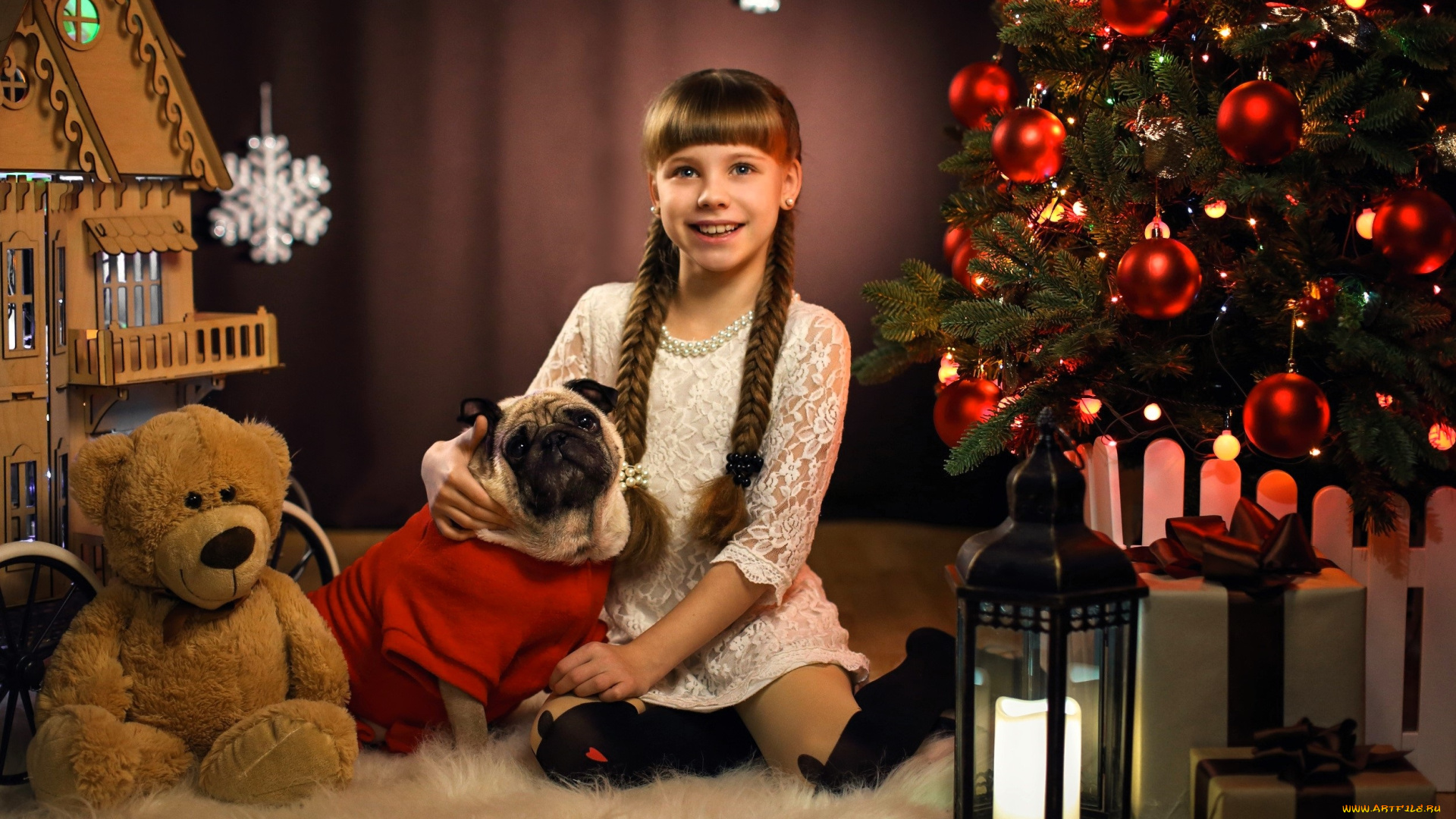 разное, дети, девочка, ёлка, собака, мишка, фонарь, домик