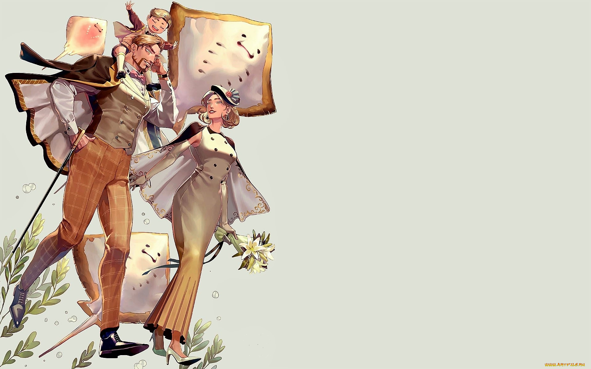 аниме, животные, , существа, женщина, мужчина, ребенок, семья, цветы, скаты