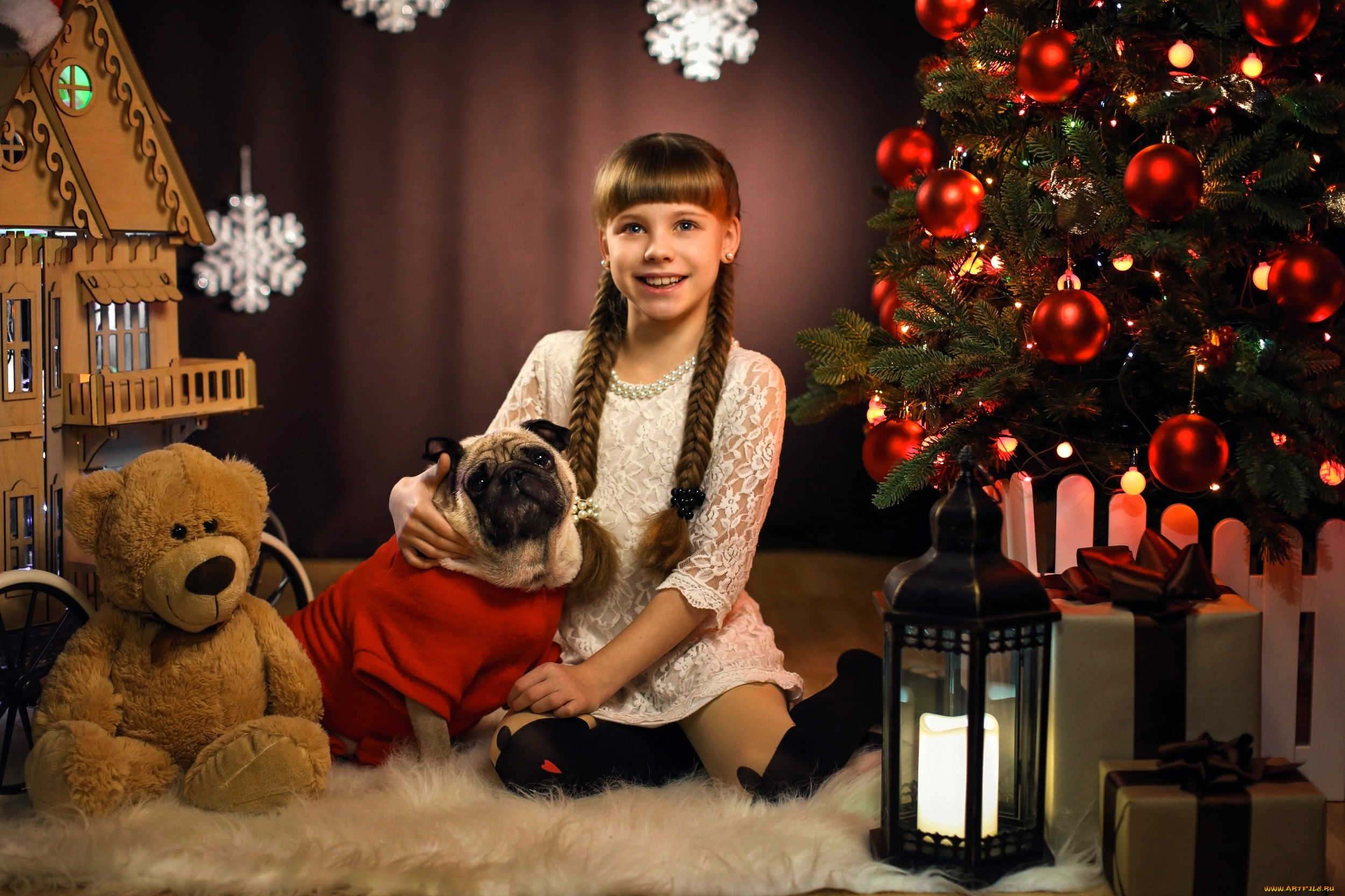 разное, дети, девочка, ёлка, собака, мишка, фонарь, домик