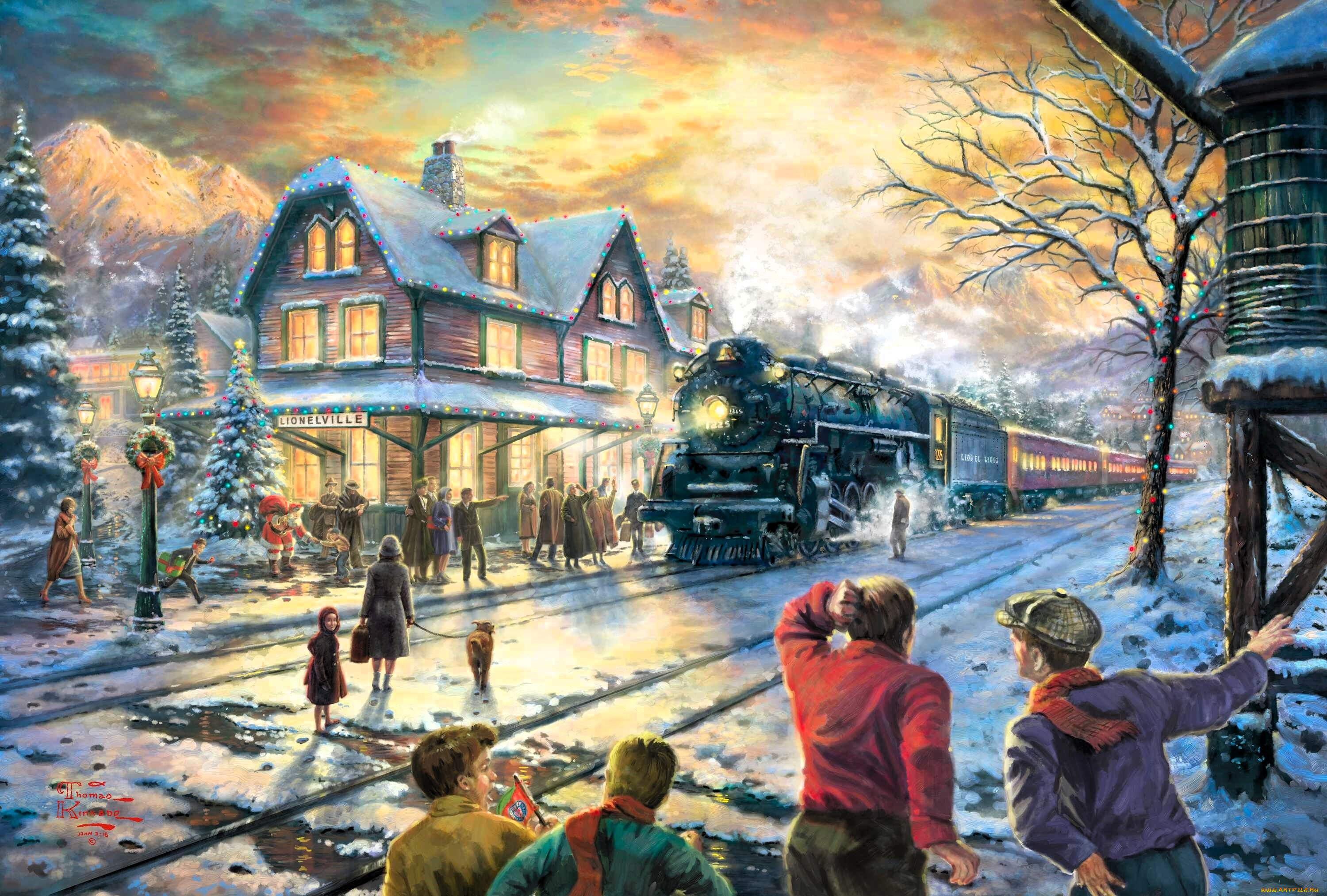 рисованное, thomas, kinkade, люди, здания, поезд, ёлка