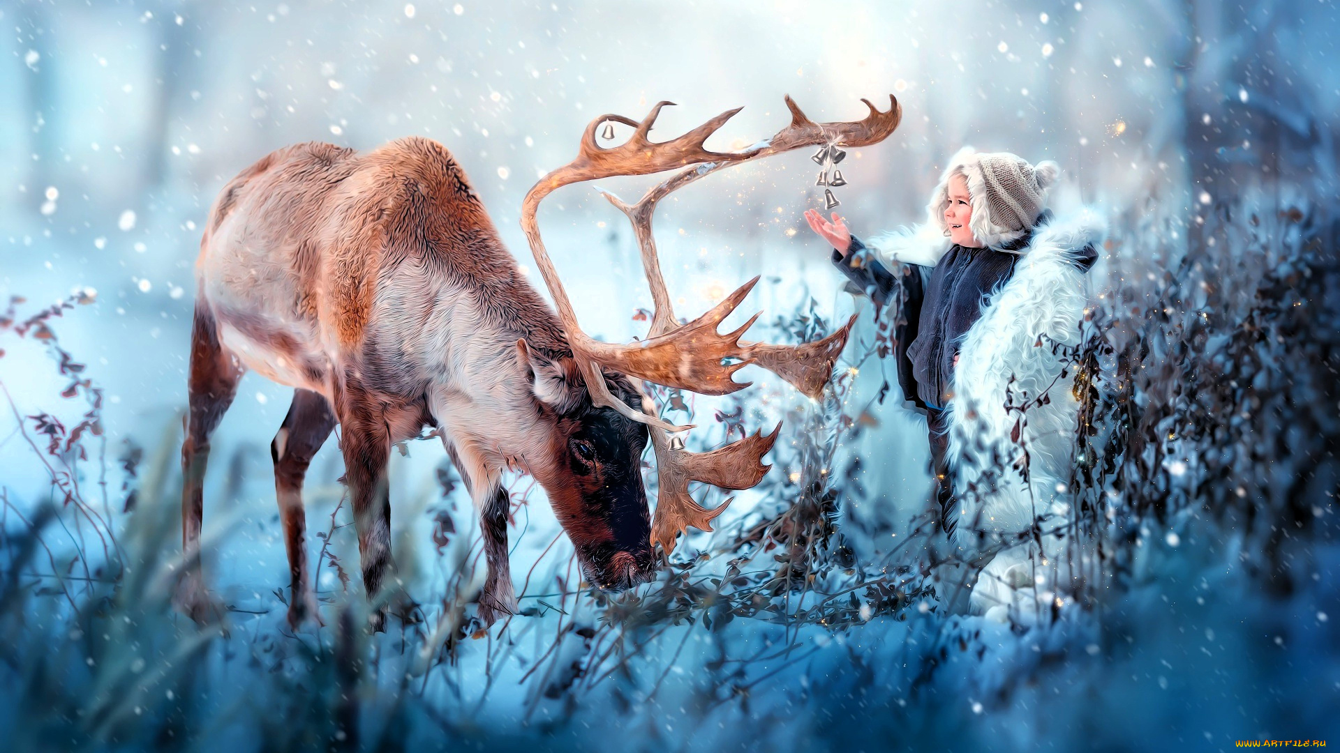 разное, компьютерный, дизайн, олень, ребенок, снег, колокольчики