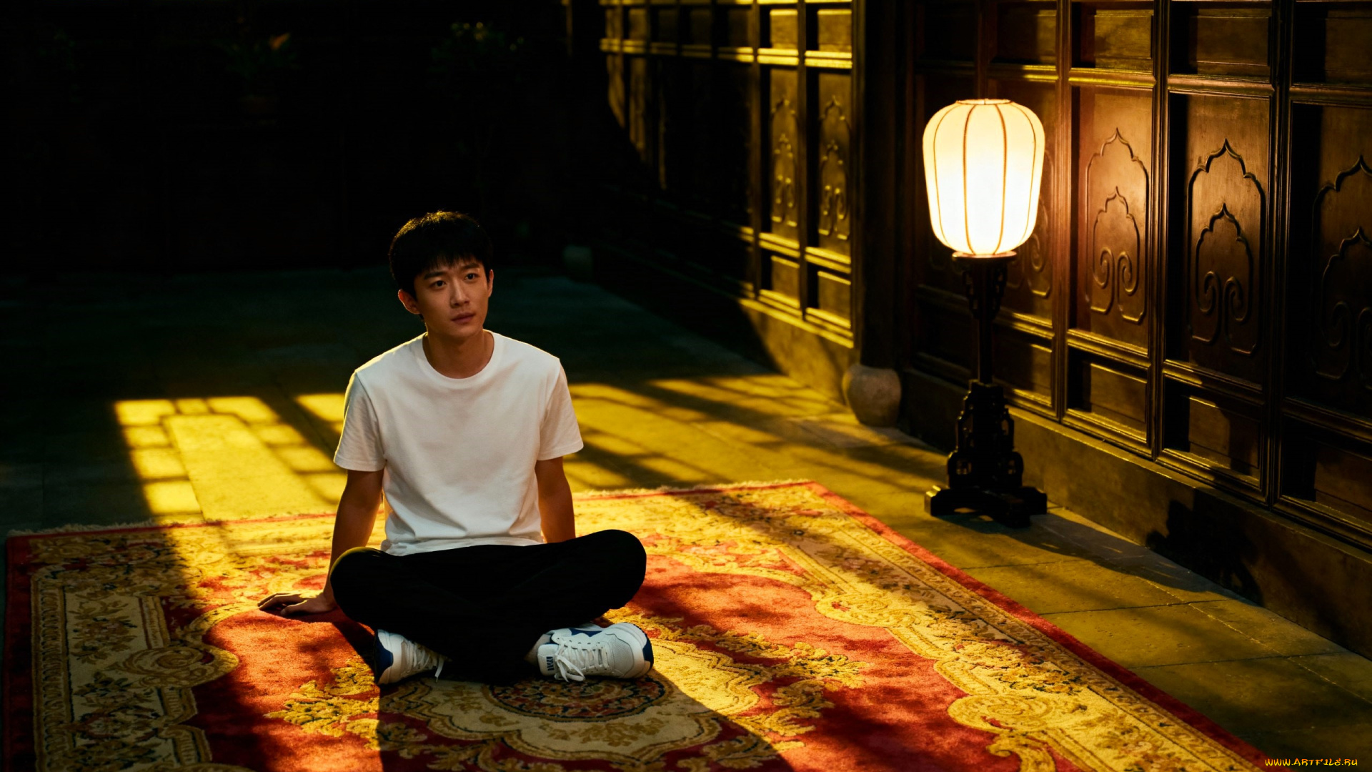 3д, графика, люди, , people, парень, азиат, футболка, ковер, комната, фонарь