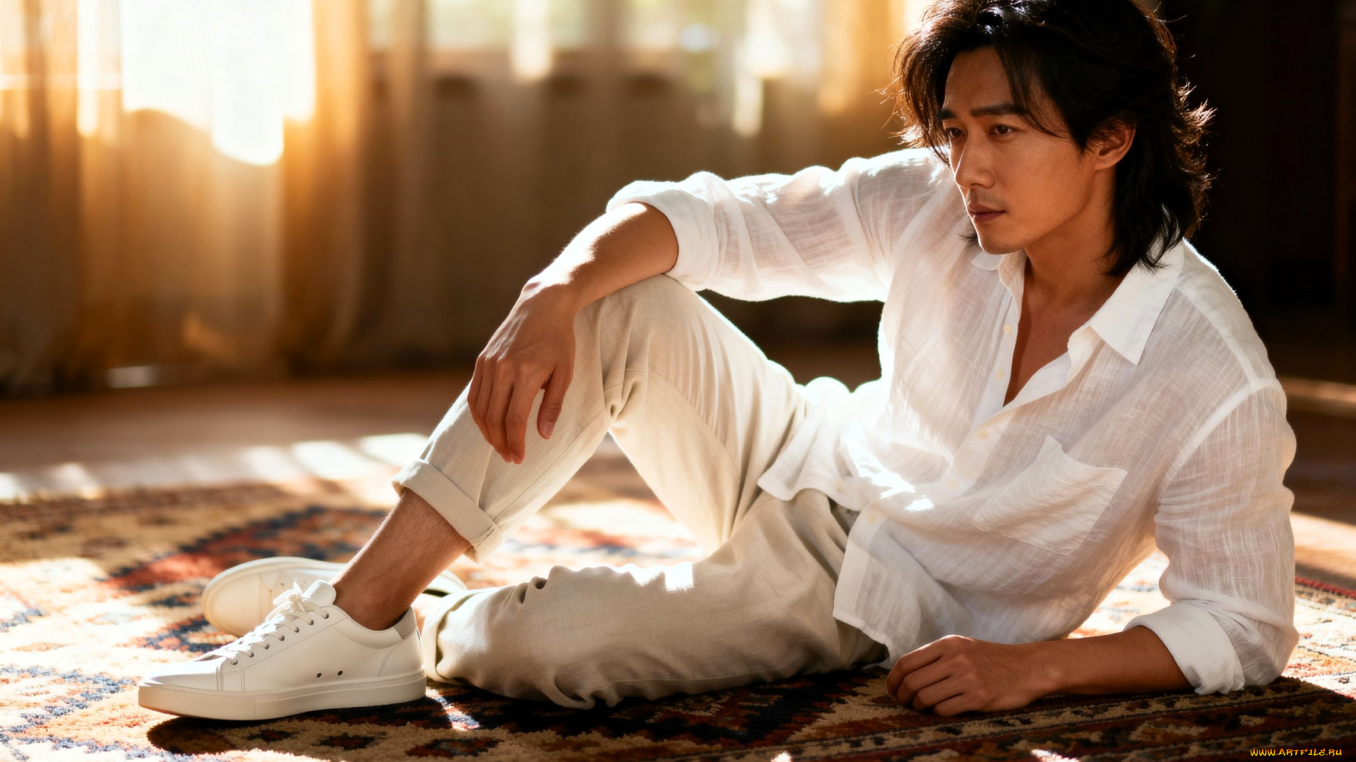 3д, графика, люди, , people, парень, азиат, рубашка, брюки, кроссовки, ковер