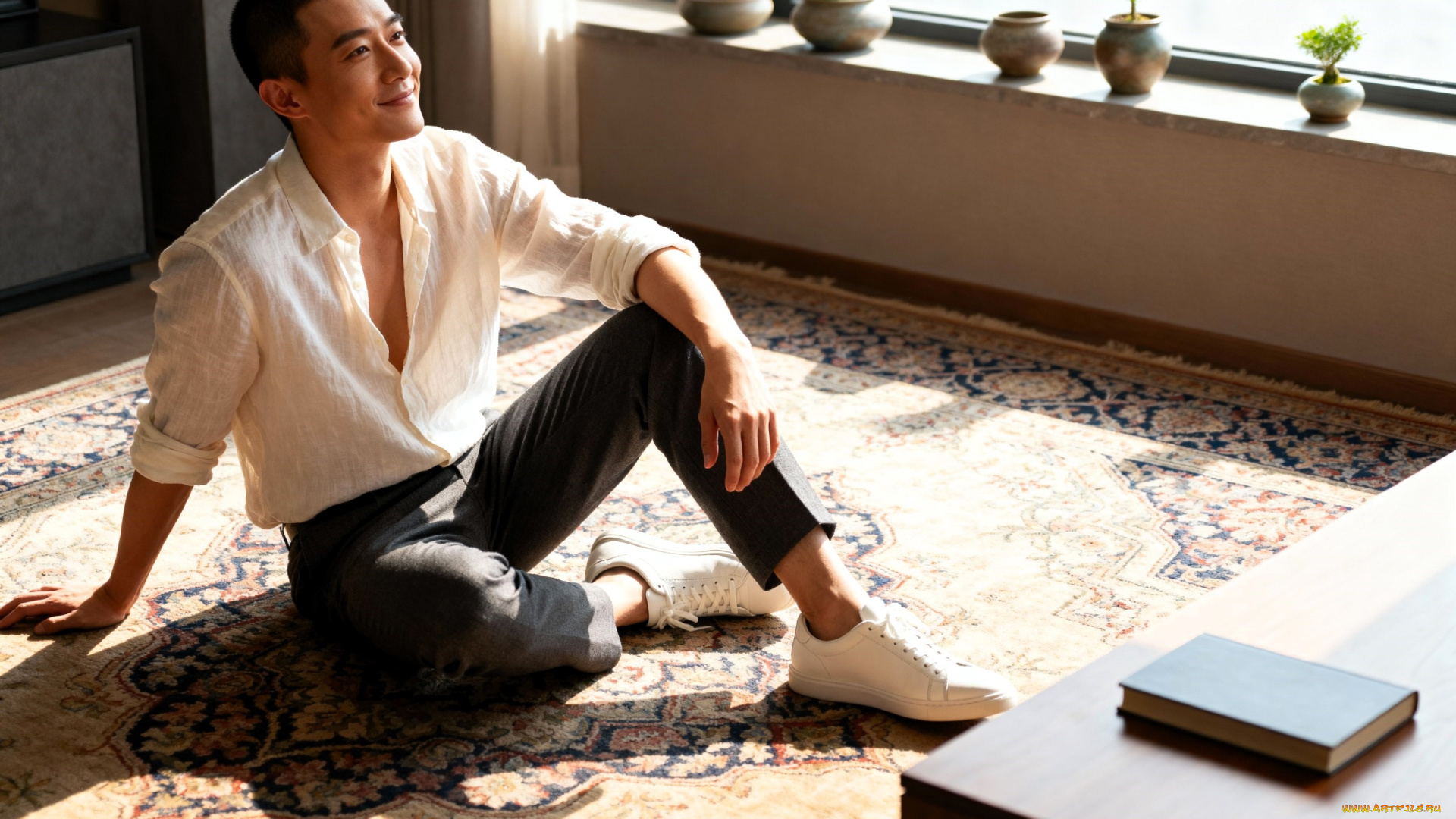 3д, графика, люди, , people, парень, азиат, рубашка, брюки, кроссовки, ковер, книга, горшки