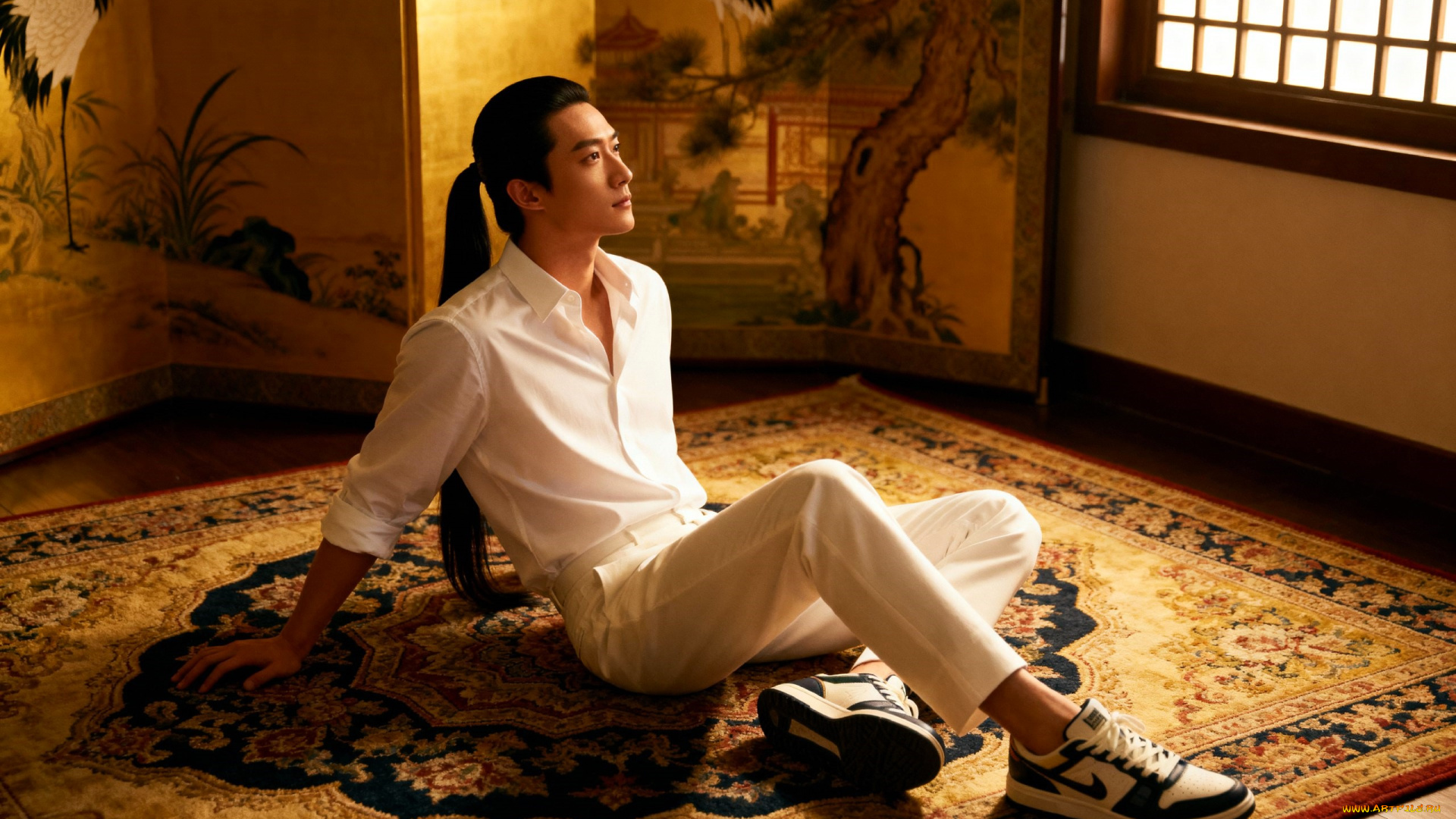 3д, графика, люди, , people, парень, азиат, рубашка, брюки, кроссовки, ковер, ширма, окно