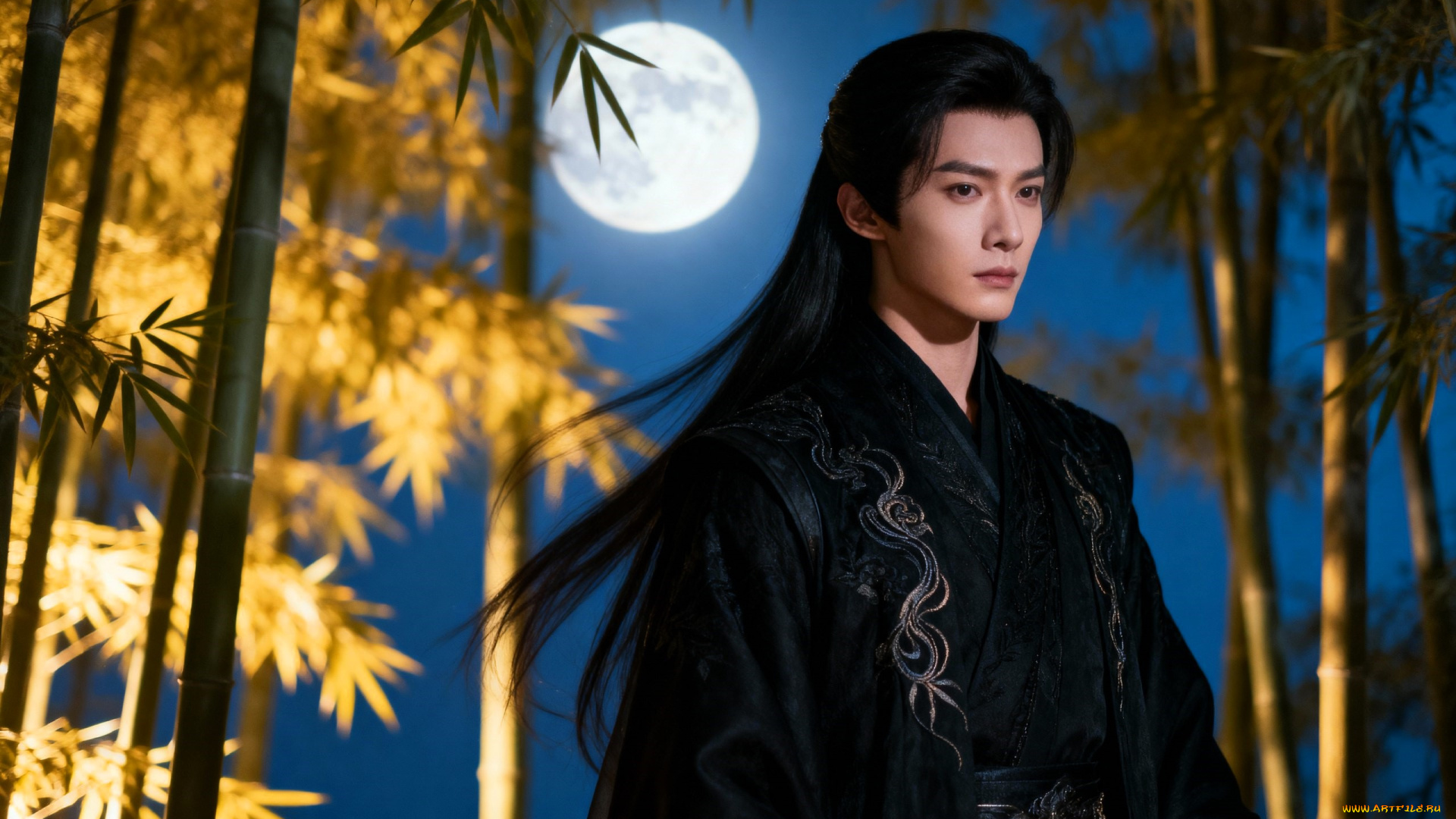3д, графика, люди, , people, парень, волосы, наряд, луна, бамбук, лес