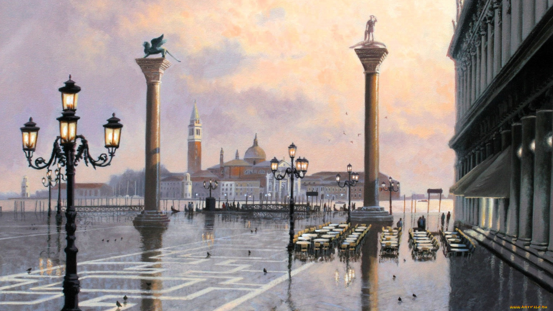 adrian, rigby, рисованное, город, площадь, здание, фонари, колонны